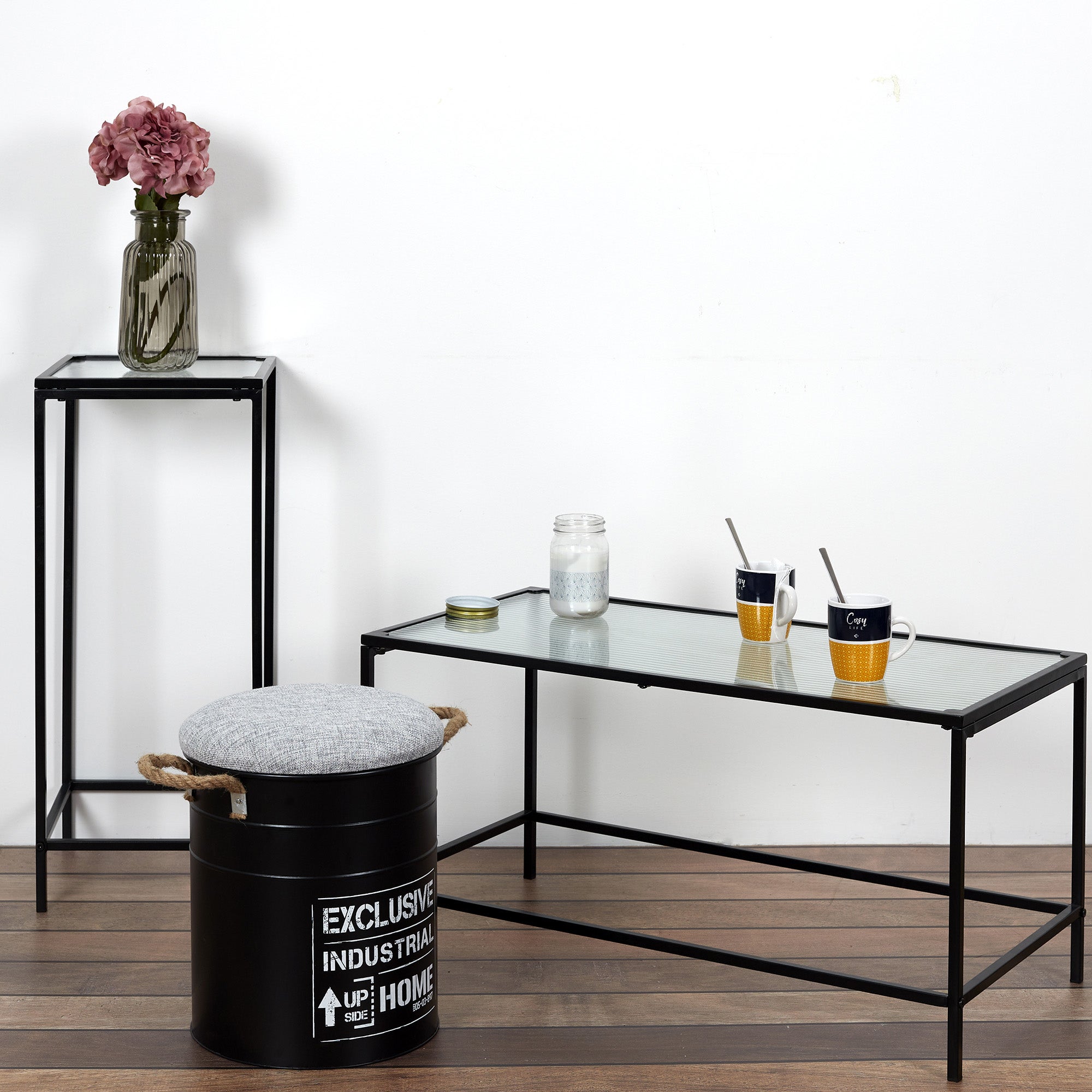 Mesa de centro rectang fija cristal y metal negro 80x40x40 cm (anchoxaltoxfondo)