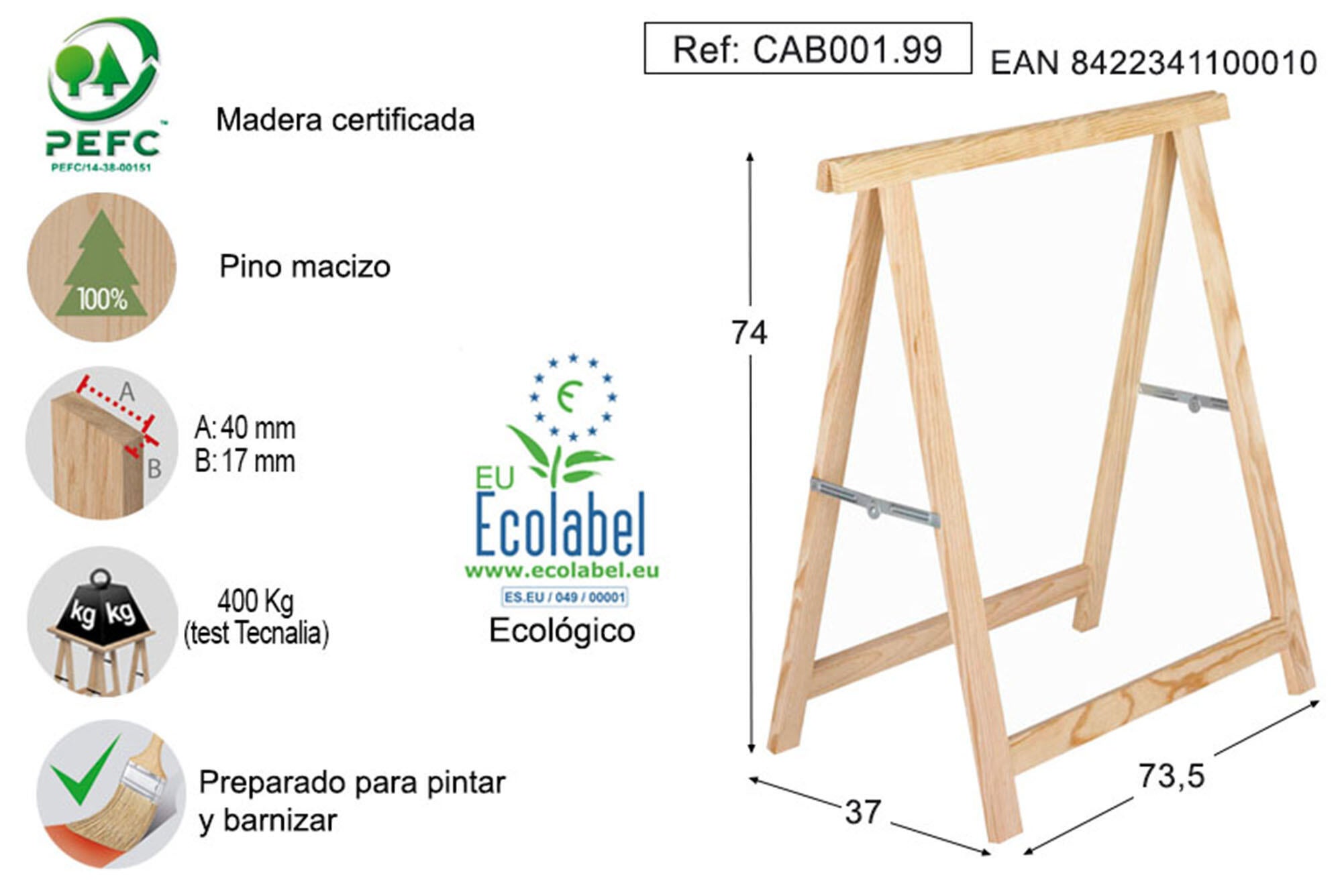 Caballete de madera de pino en bruto y altura de 74 cm - 2