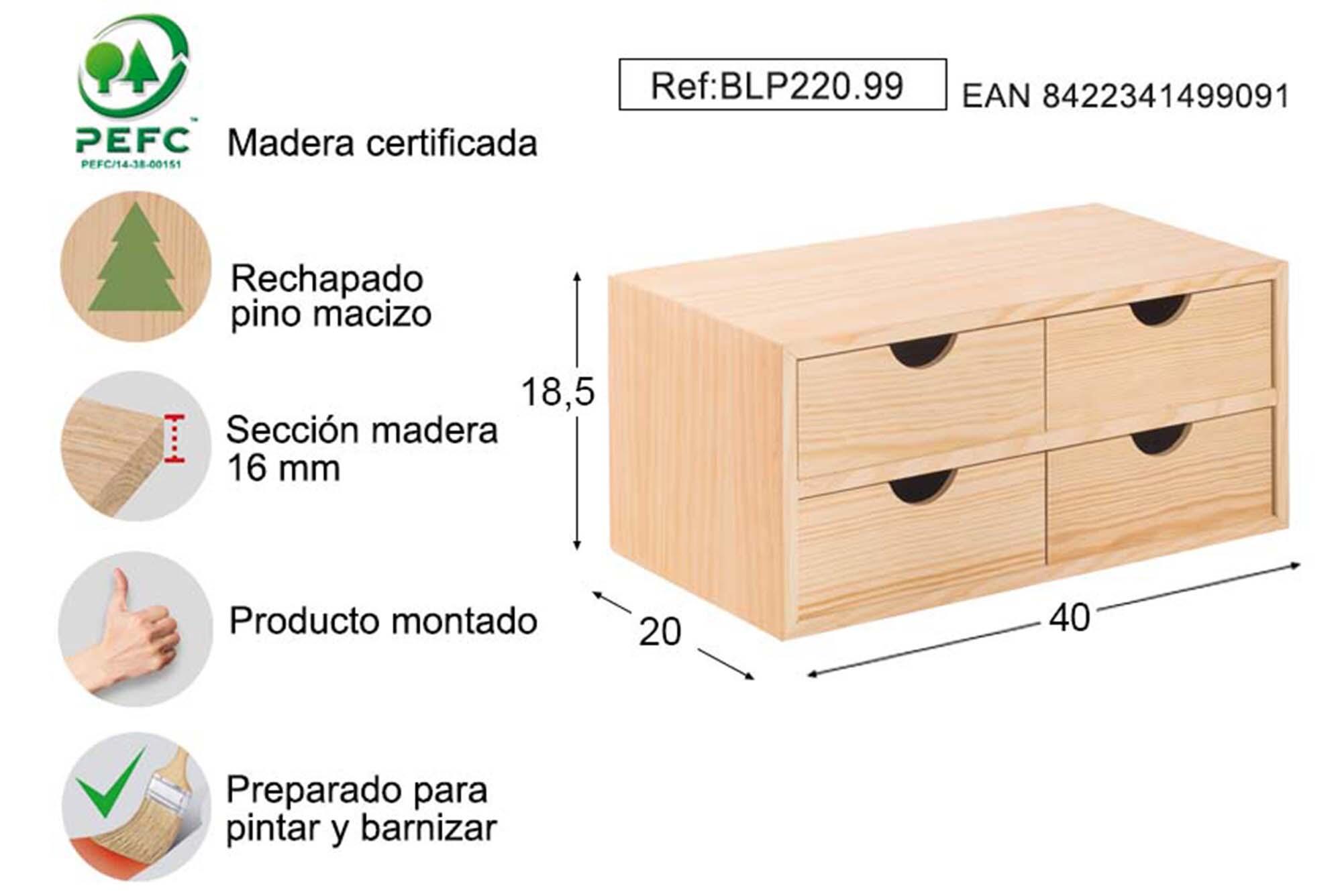 Cajonera de madera  de 18.5x40x20cm y capacidad l - 2