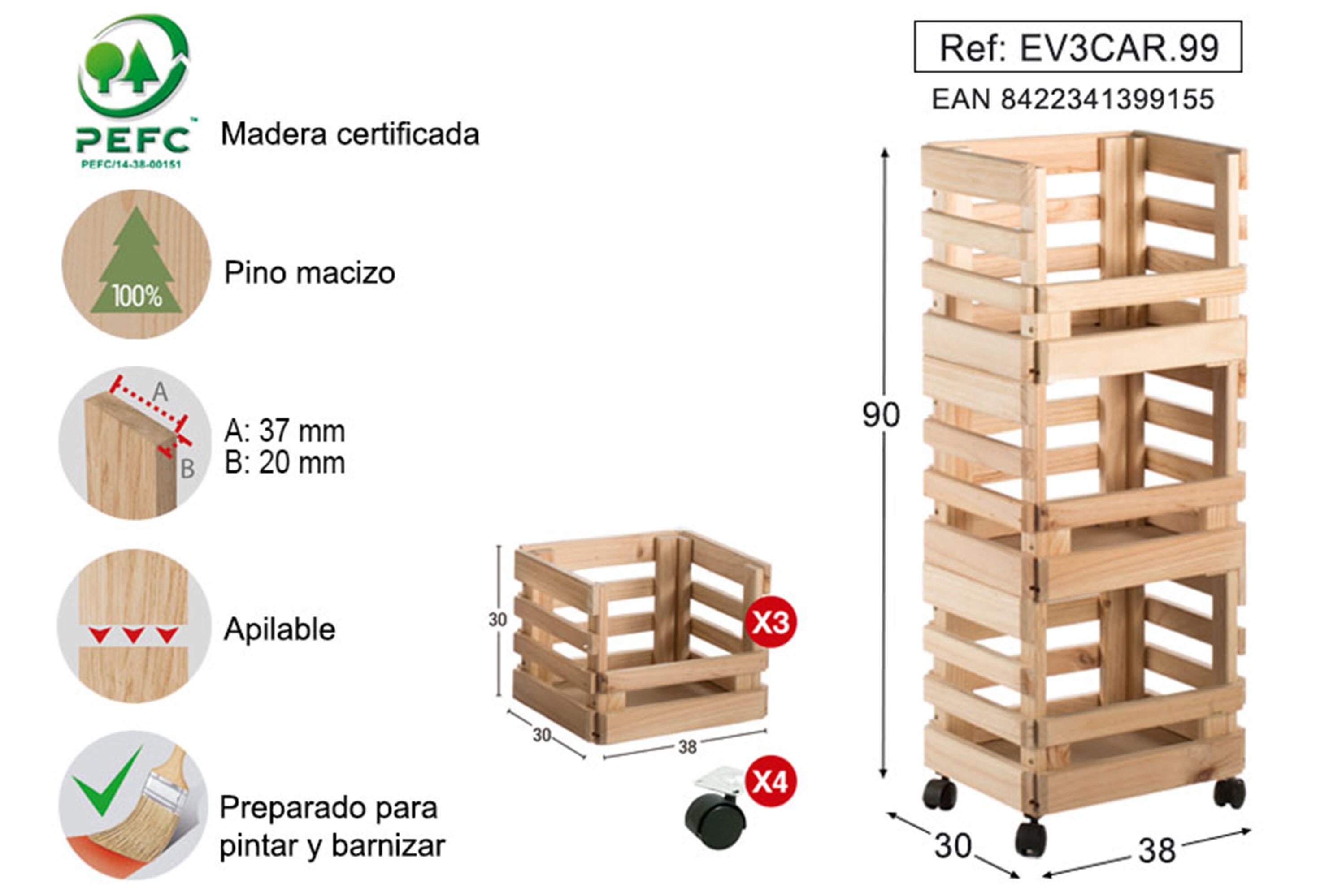 Carrinho de madeira natural com 3 cestos 90x38x30 cm Astigarraga - 6