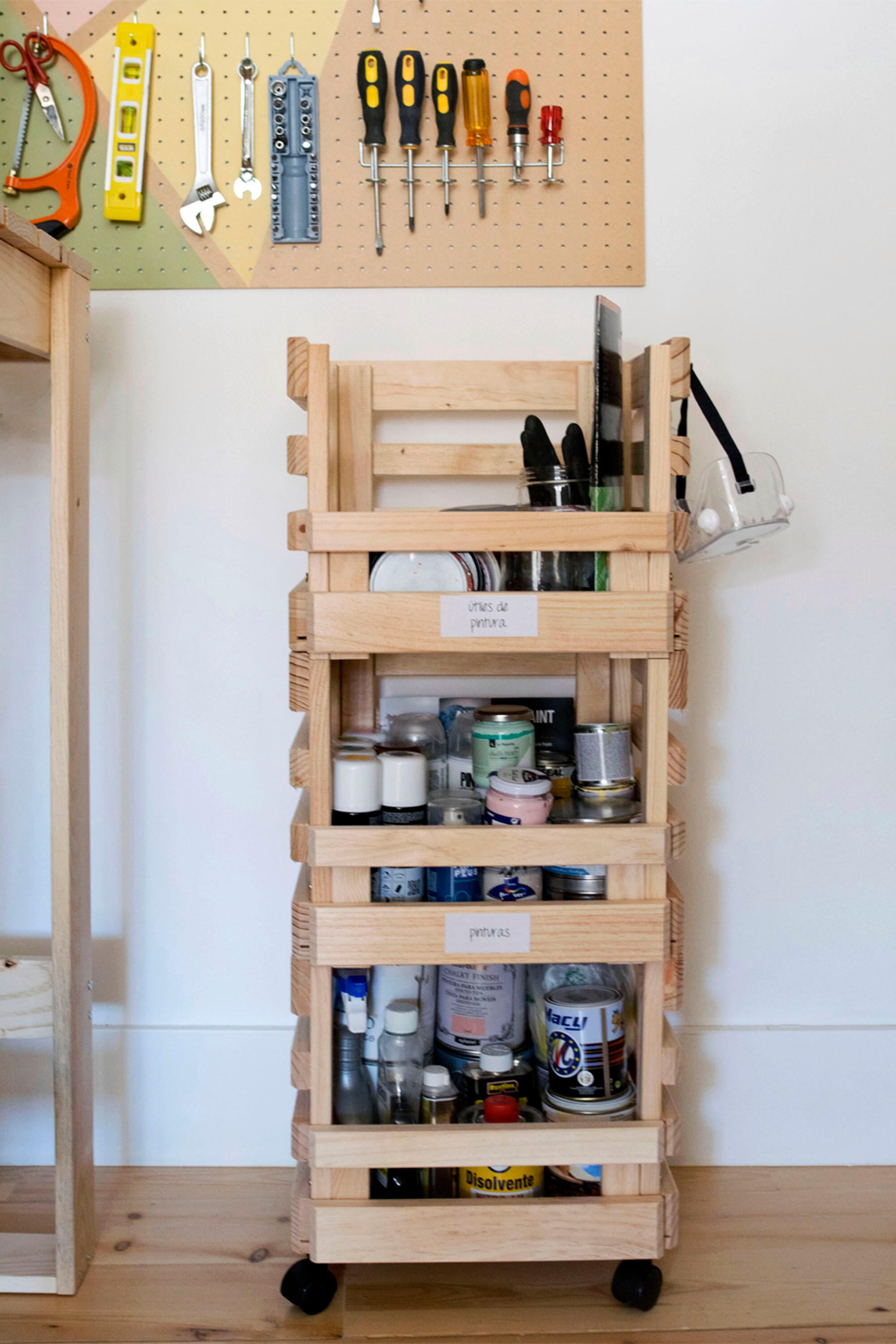 Carrinho de madeira natural com 3 cestos 90x38x30 cm Astigarraga - 10