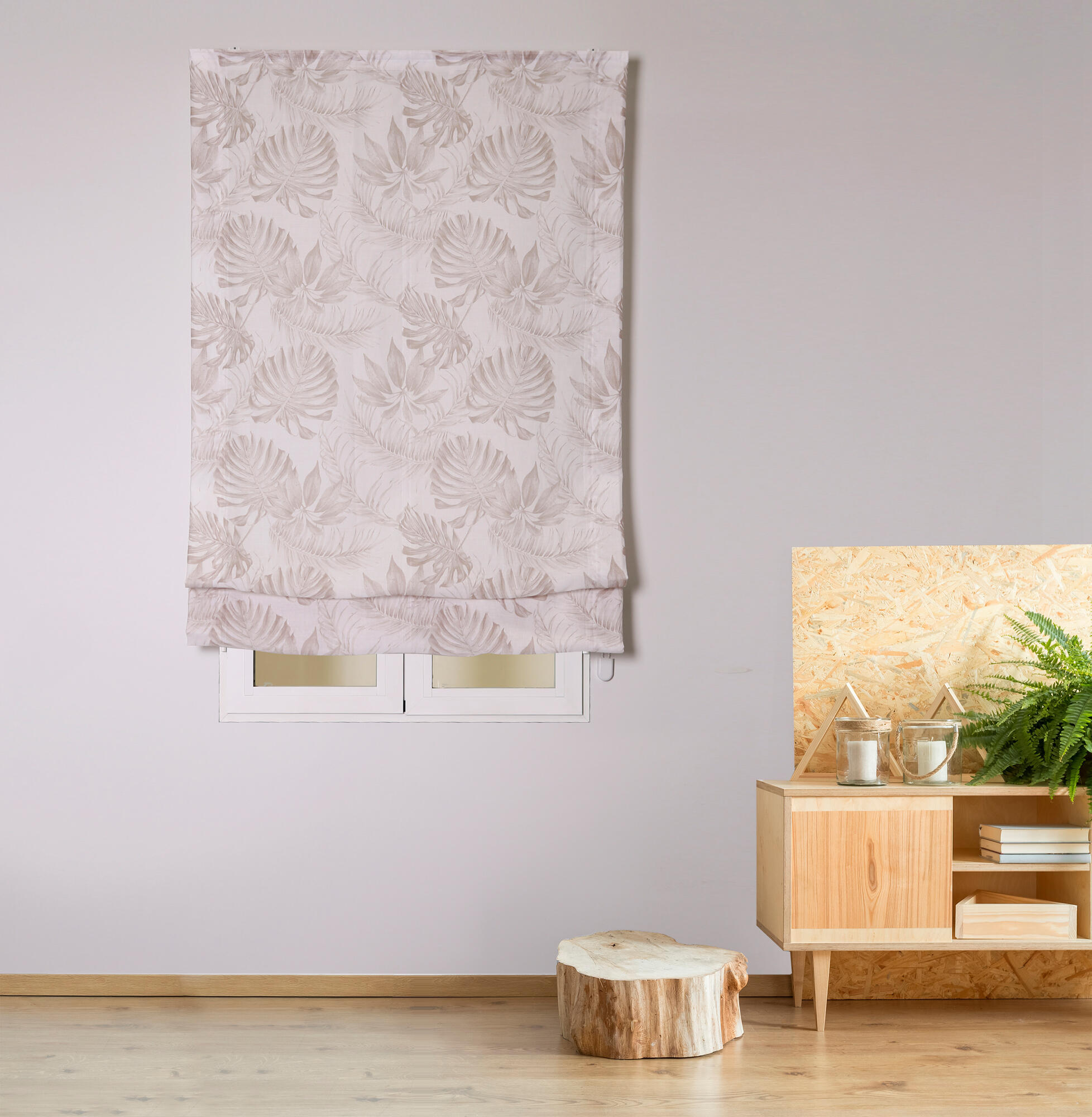 Estor plegable paqueto semi-trasparente con cadena adán poliéster hoja beige de 90x175 cm