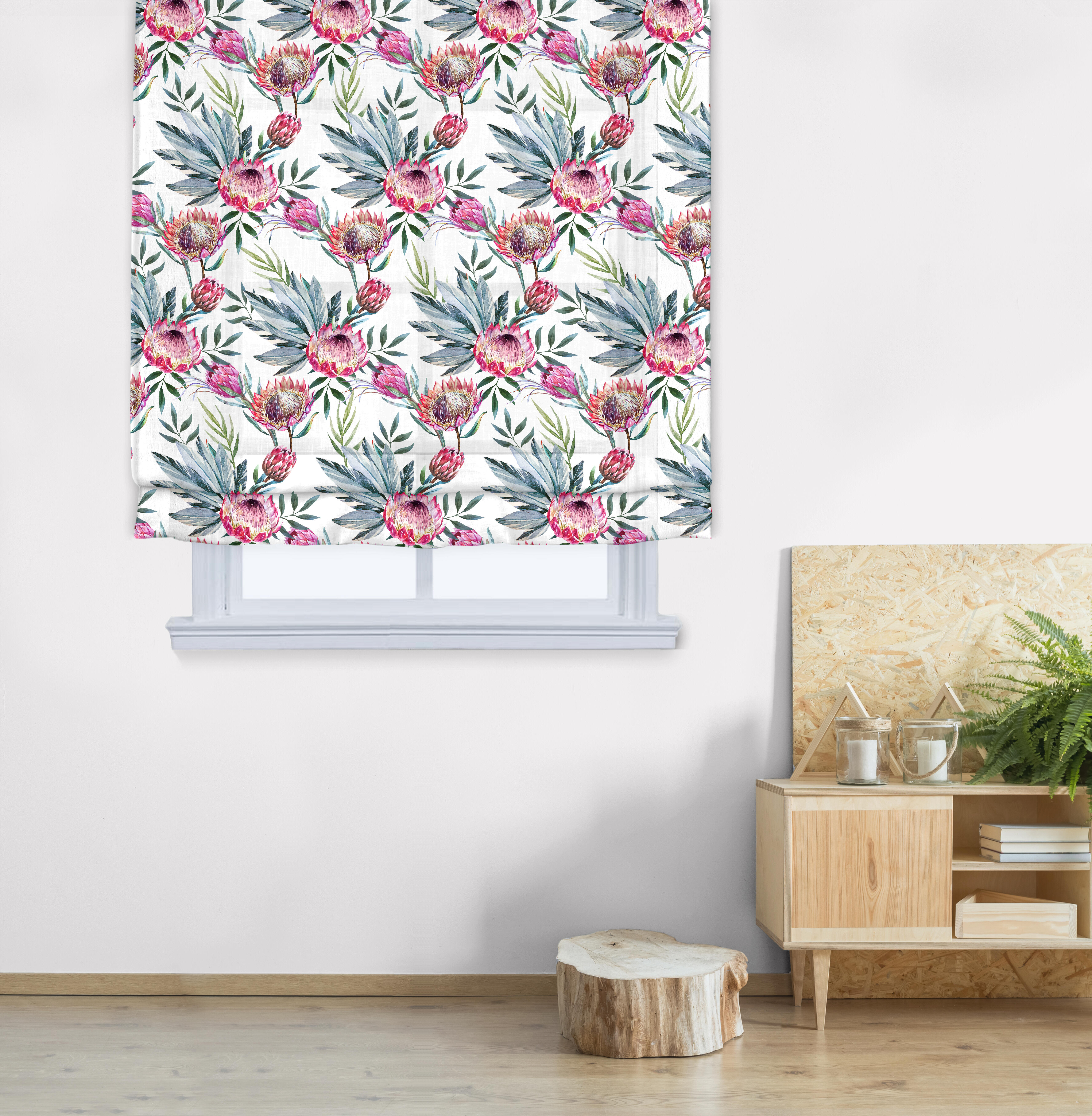 Estor plegable paqueto semi-trasparente con cadena king protea poliéster flor rosa, verde de 105x175 cm