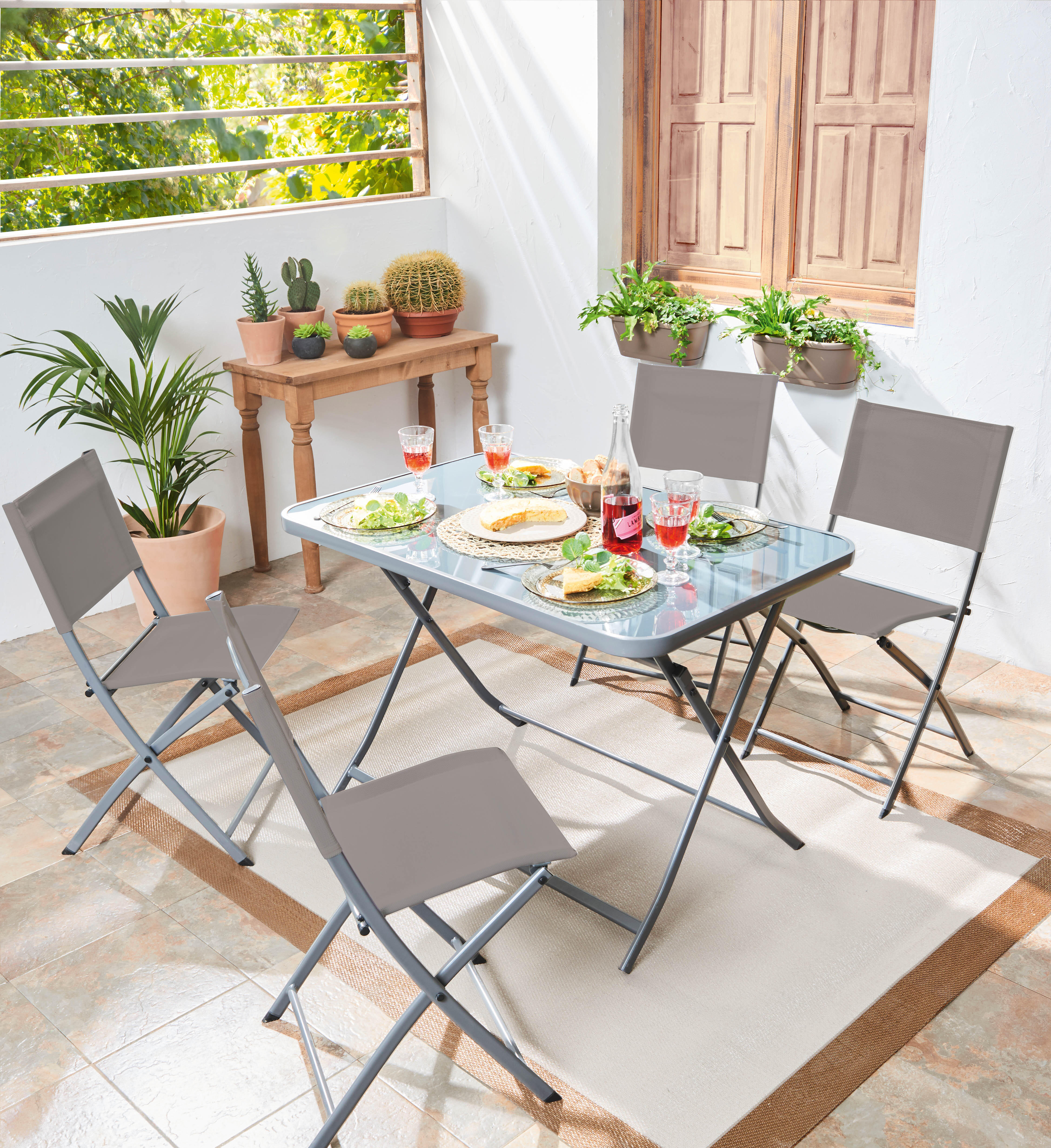 Conjunto de muebles de terraza emys de acero gris para 4 comensales