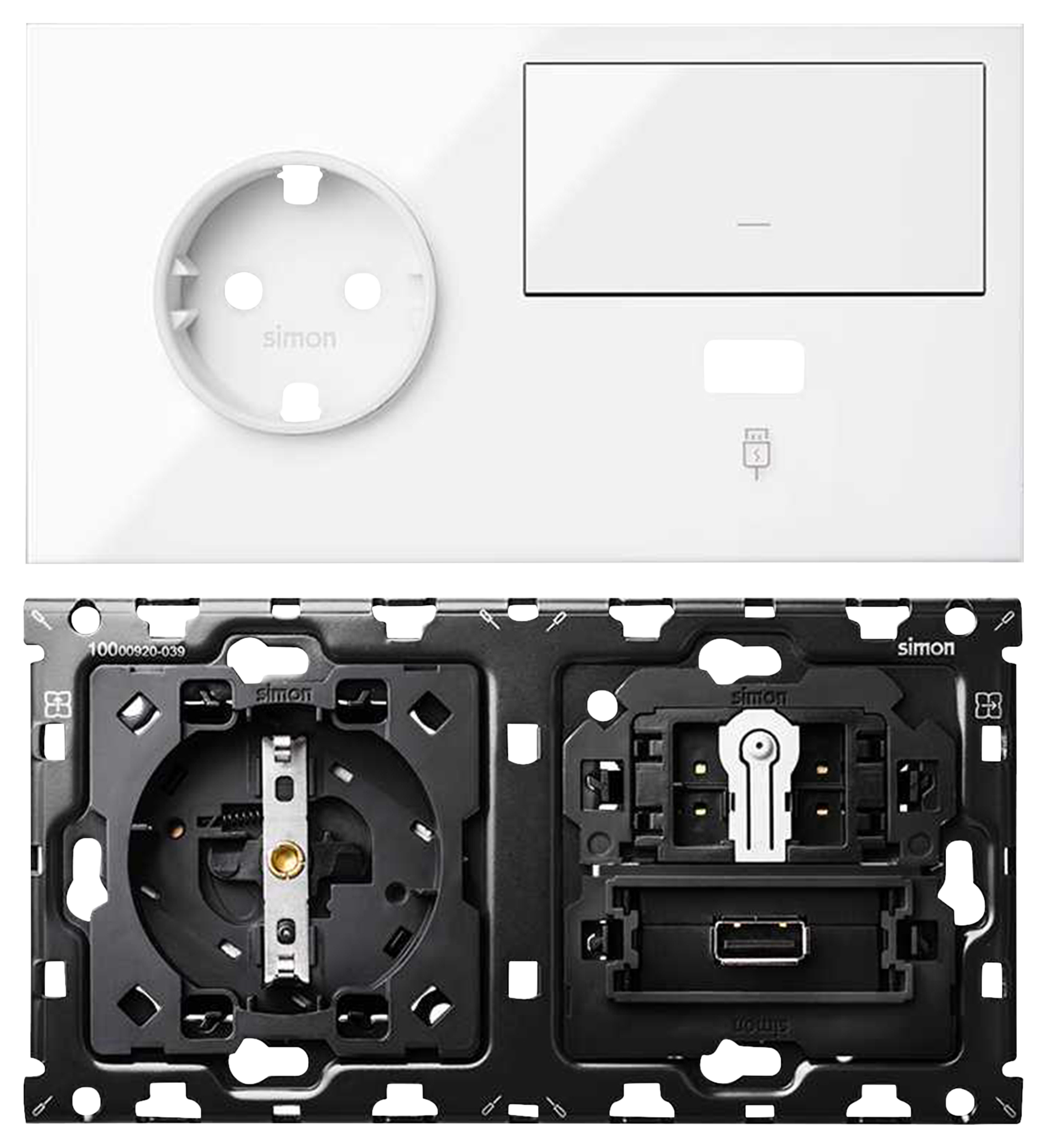 Lote enchufe+usb+interruptor izquierda 2 elemento simon 100 blanco