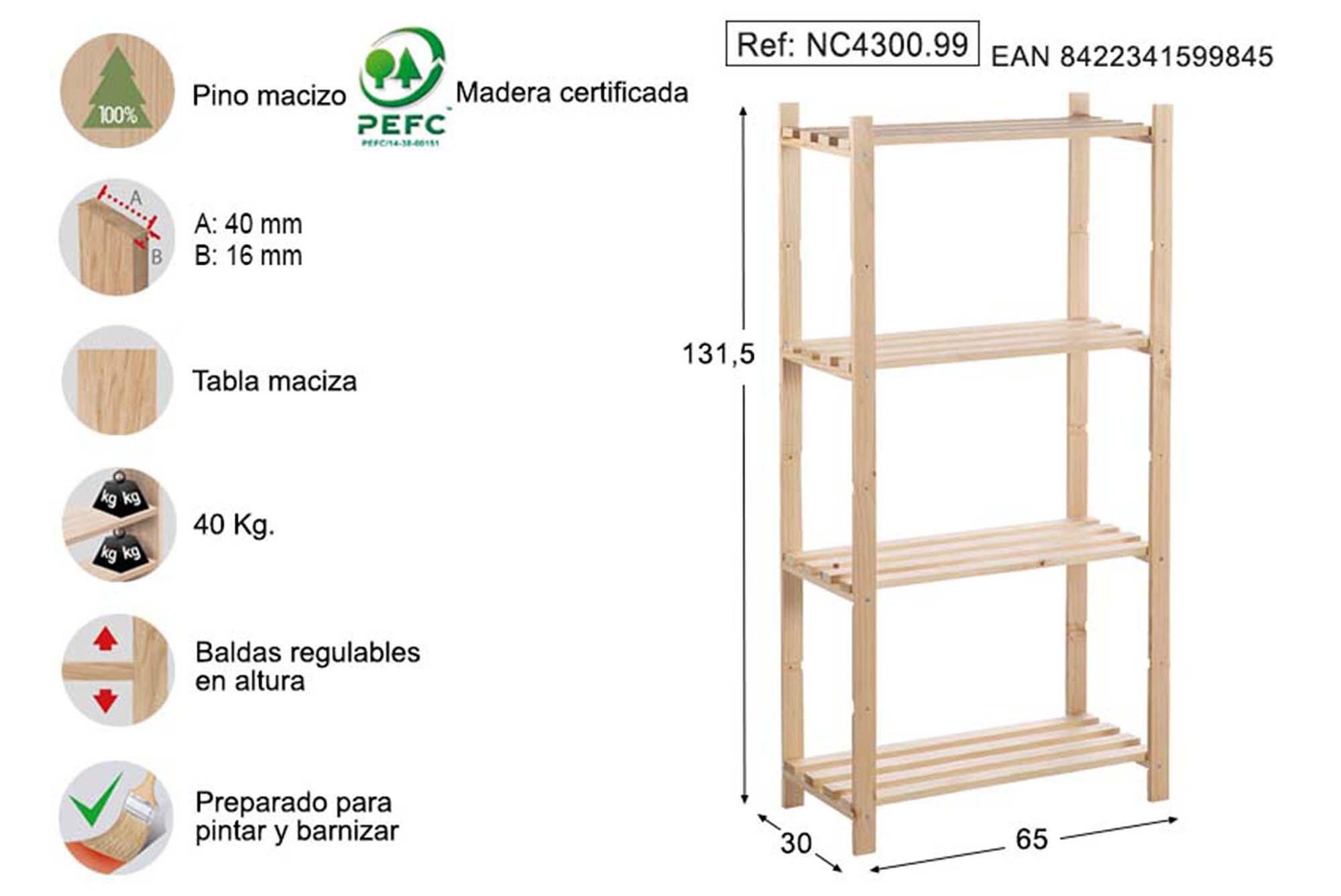 Estantería alistonada pino Natura 4 baldas 131,5X30x65cm 160Kg - 2