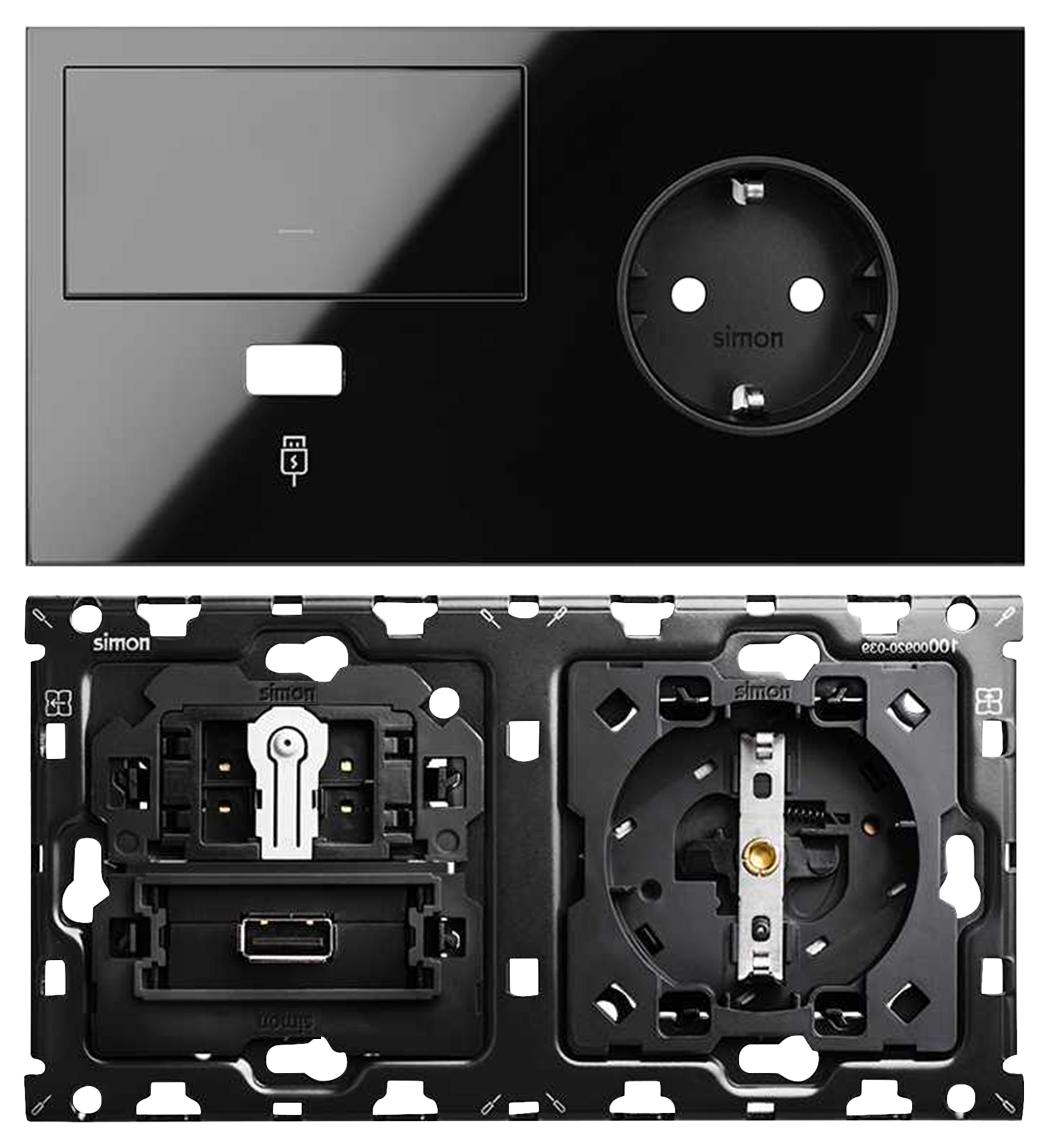 Lote enchufe+usb+interruptor derecha 2 elemento simon 100 negro