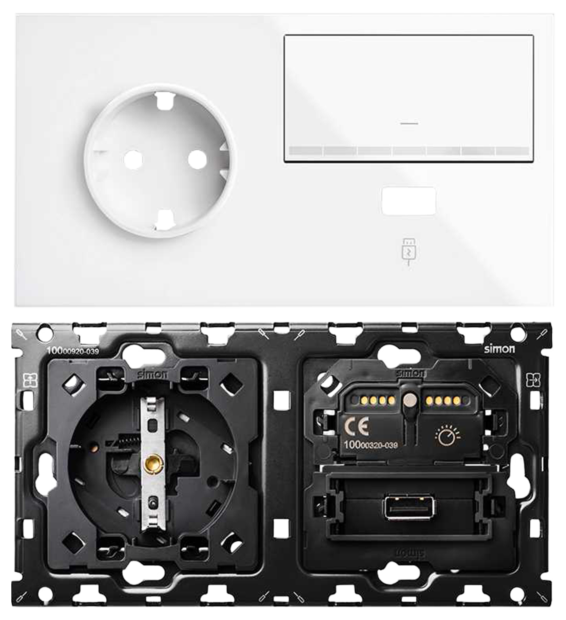 Lote enchufe+usb+interruptor derecha 2 elemento simon 100 blanco
