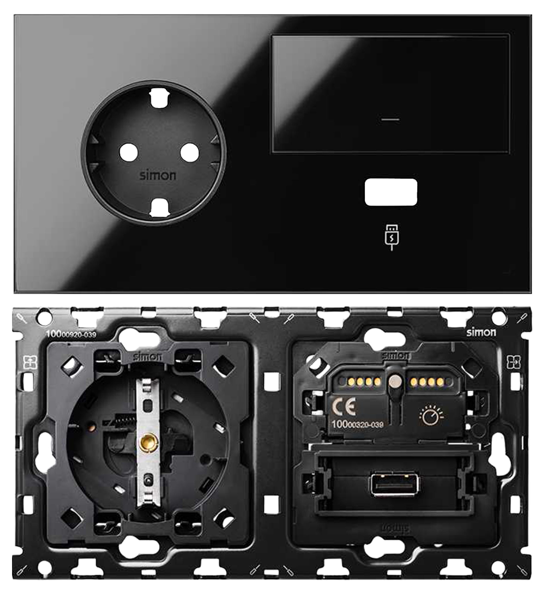 Lote enchufe+usb+interruptor 2 elemento simon 100 negro