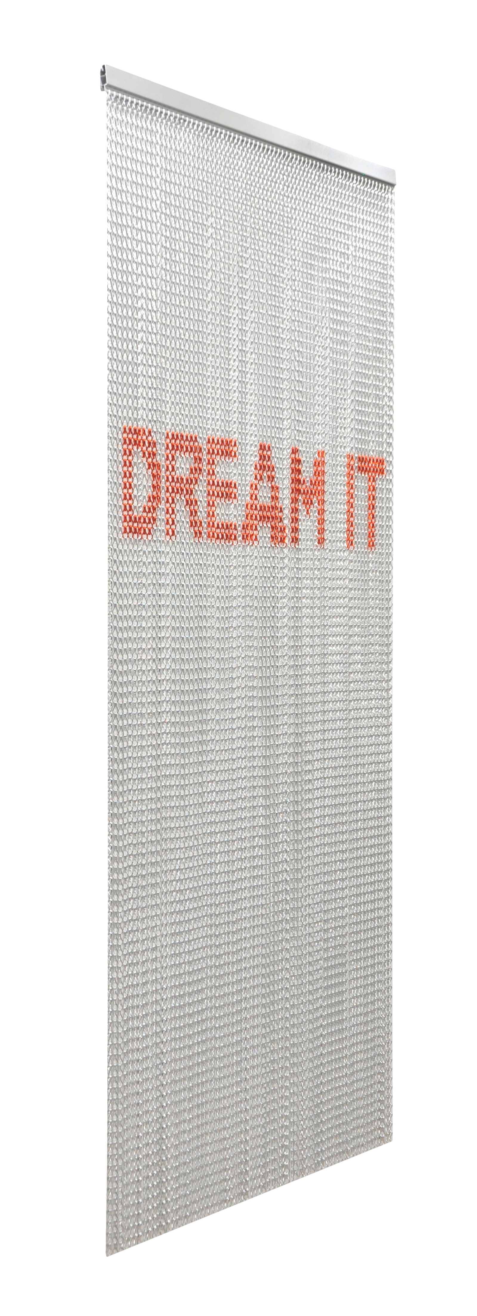 Cortina de puerta aluminio dream gris-plata con letras rojas 90 x 210 cm