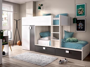 Cama infantil Breithorn, Dormitorio completo con armario y cajones,  Composición litera con dos camas individuales, 275x108h150 cm, Blanco y  Roble