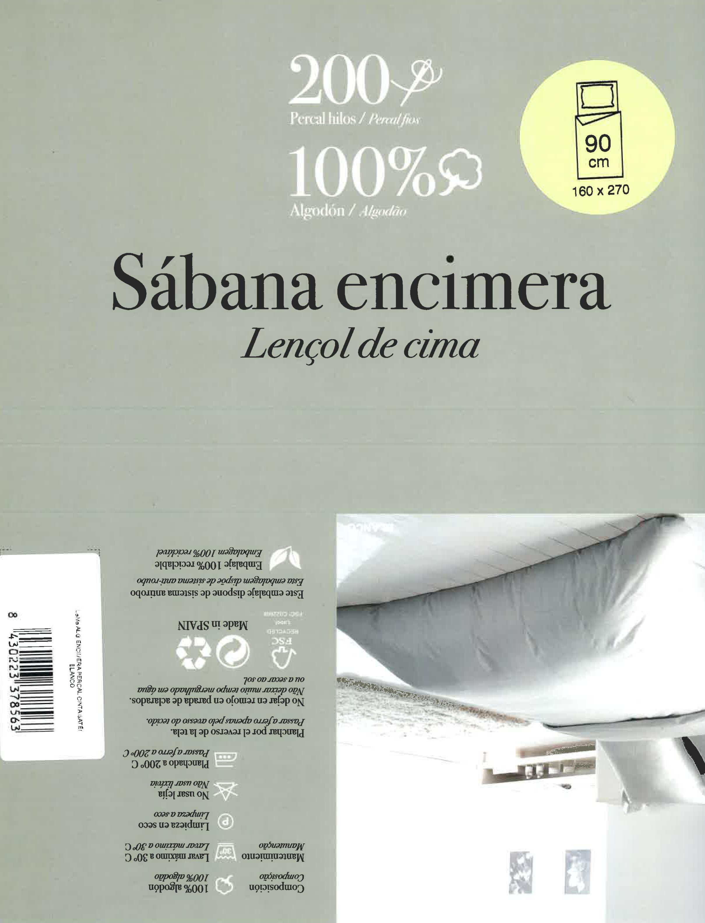 Sábana encimera Festón algodón percal 200 hilos blanco 270 cm para cama de 90 cm - 6