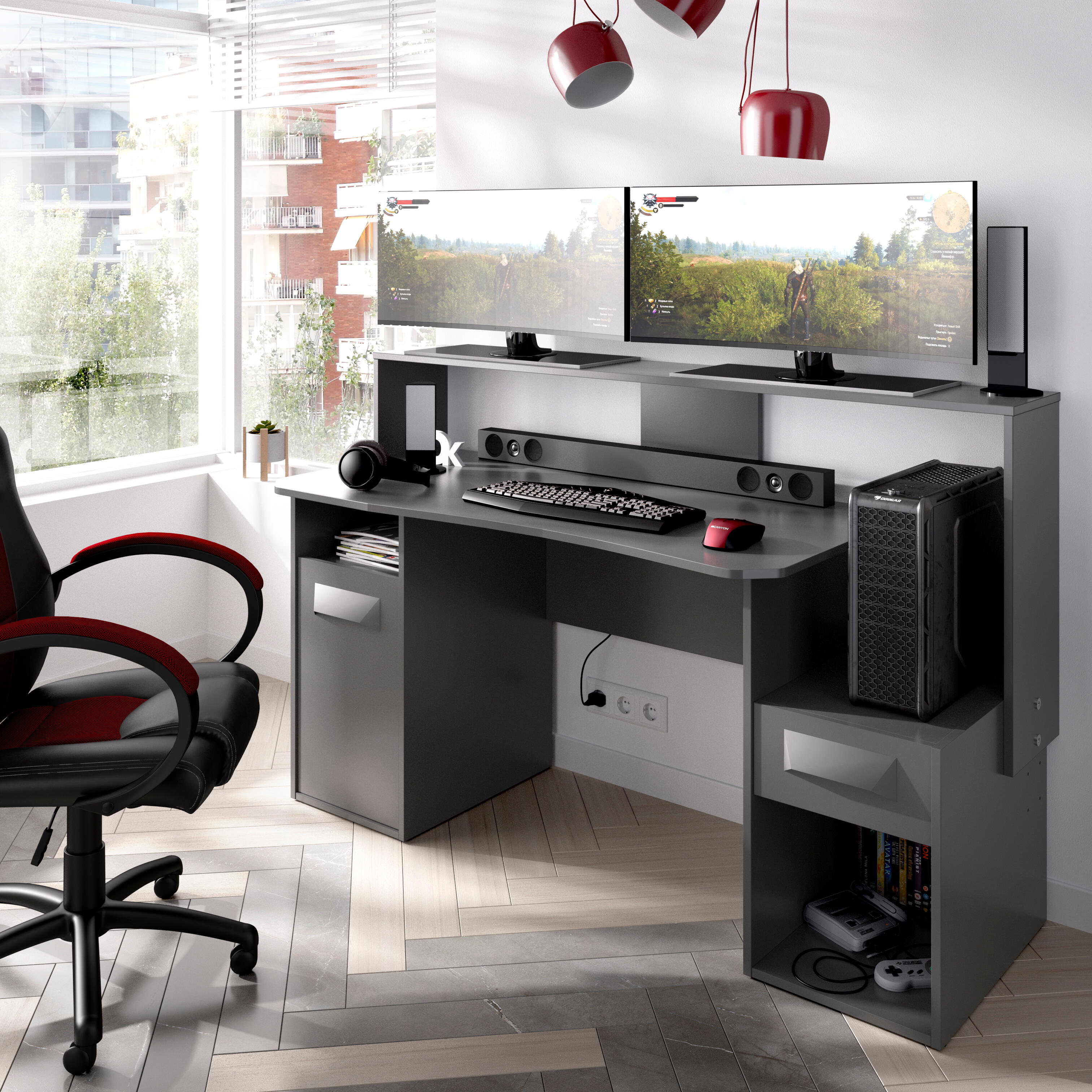Mesa escritorio gaming skat gris 153,5x62-68,5x84-97 cm