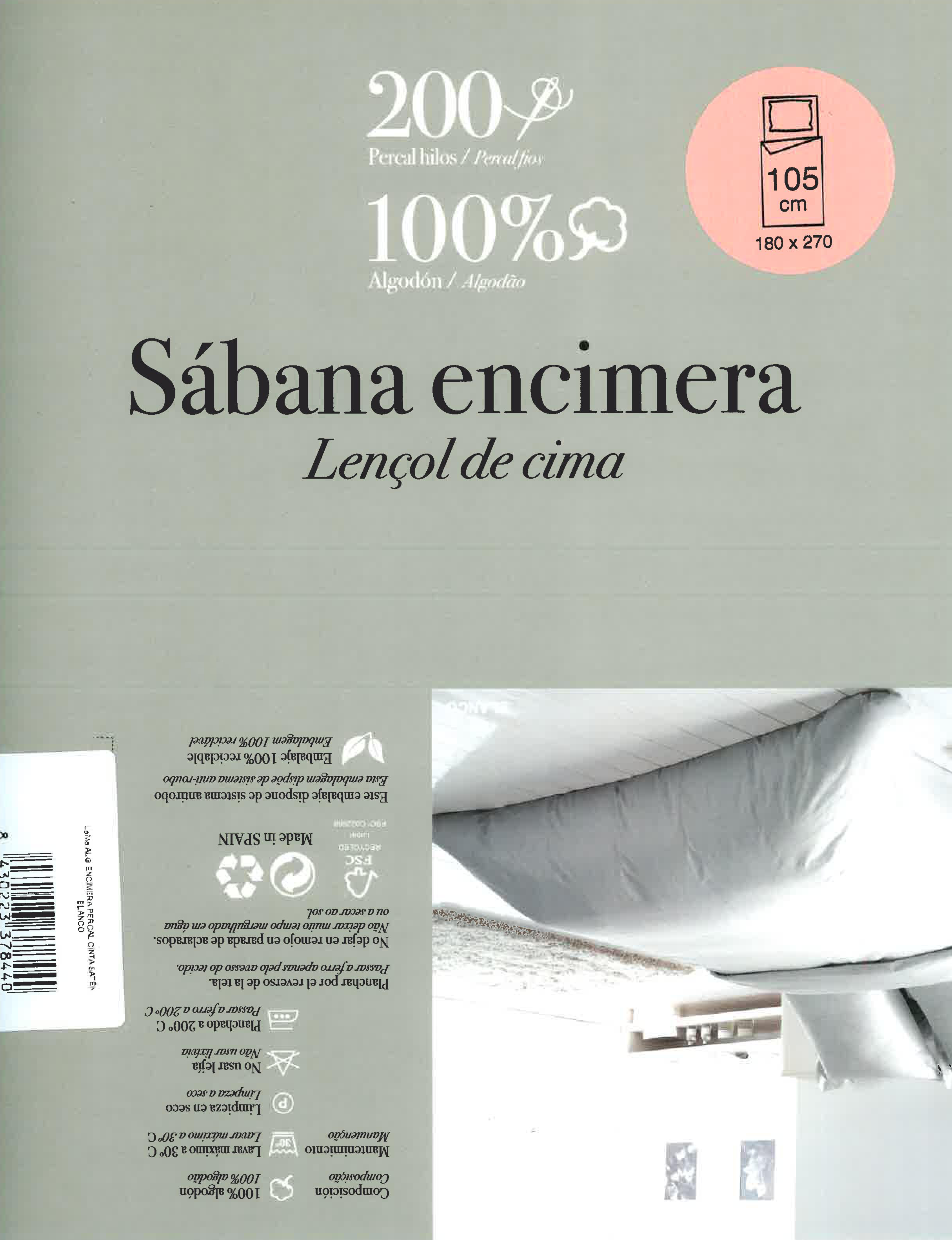 Sábana encimera Festón algodón percal 200 hilos blanco 270x270 para cama de 105 cm - 6