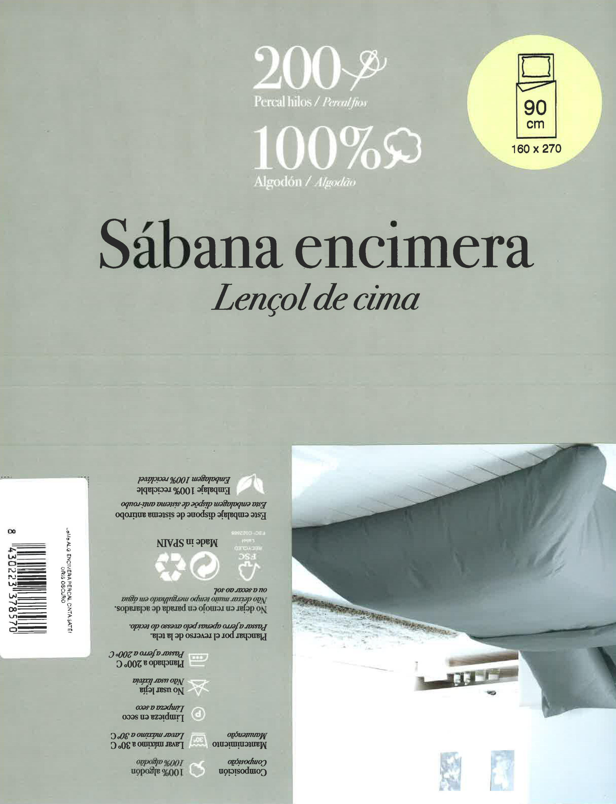 Sábana encimera Festón algodón percal 200 hilos gris 270x270 para cama de 90 cm - 3