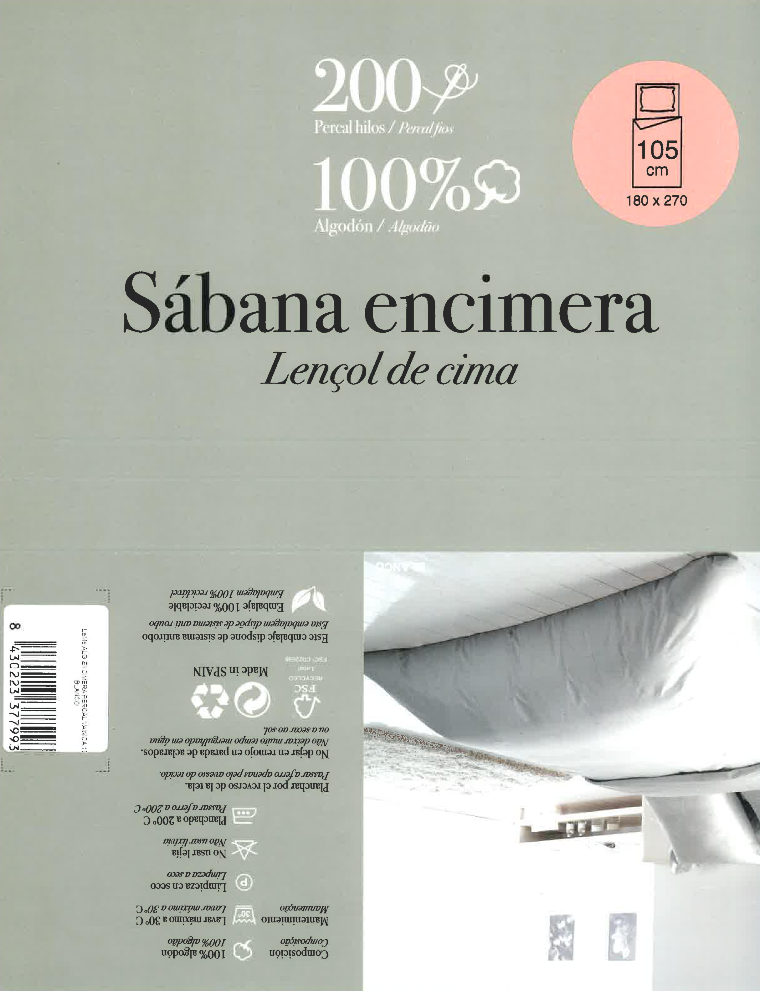 Sábana encimera Vainica algodón percal 200 hilos blanco 270x270 para cama de 105 cm - 7
