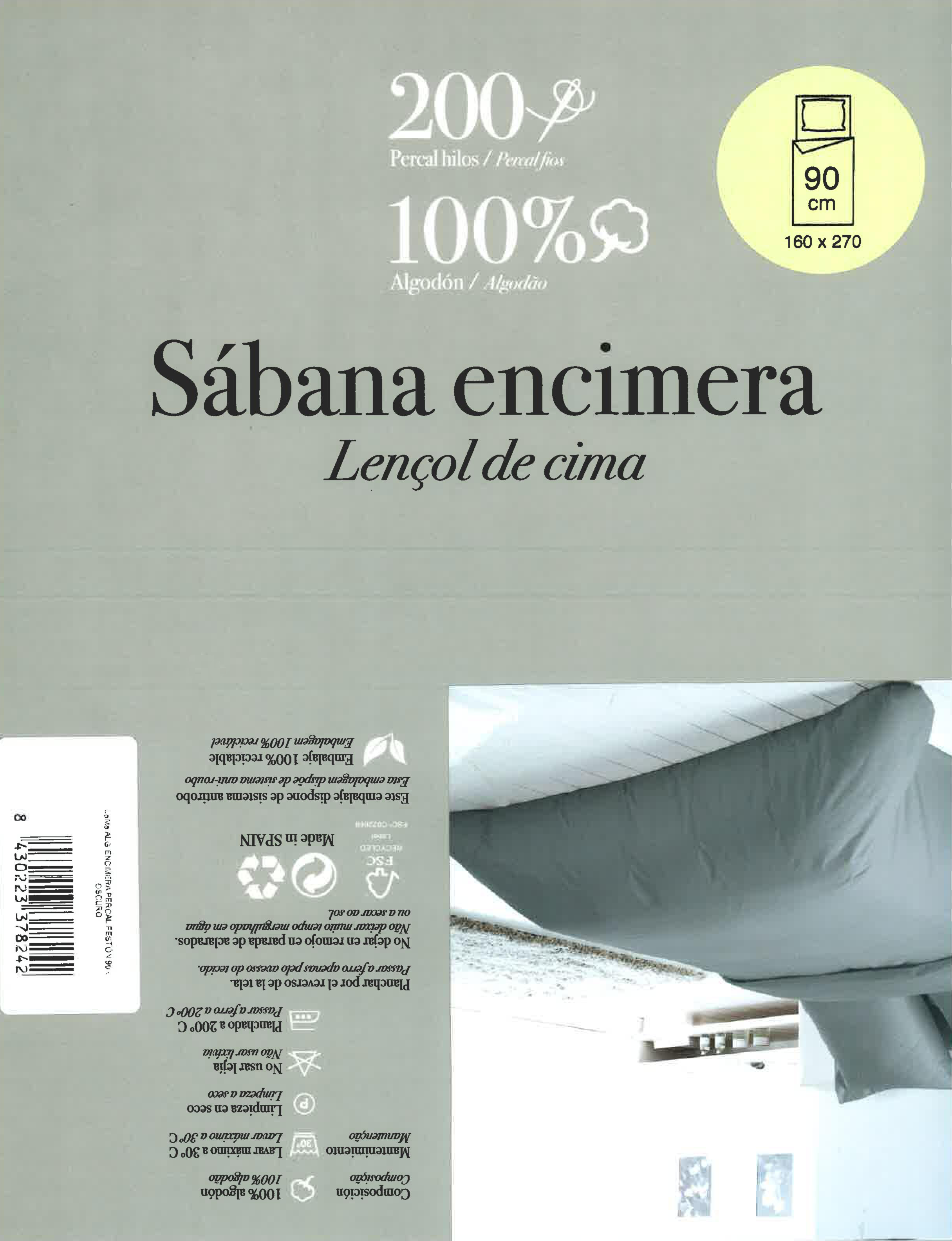 Sábana encimera de percal Festón gris para cama de 90 cm - 3