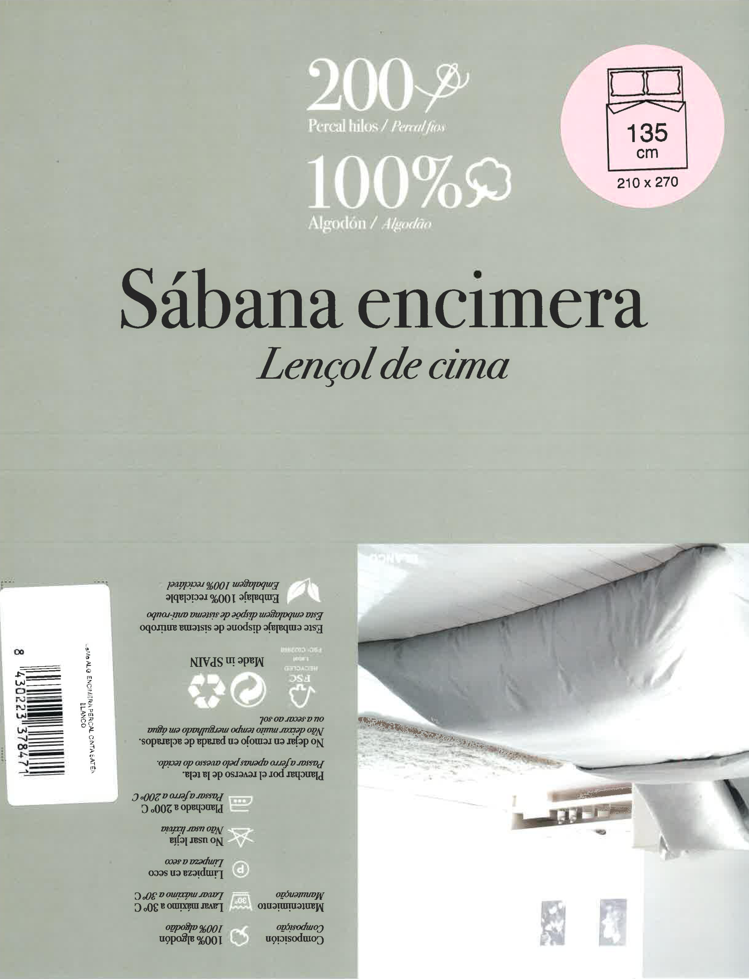 Sábana encimera Festón algodón percal 200 hilos blanco 270x270 para cama de 135 cm - 6