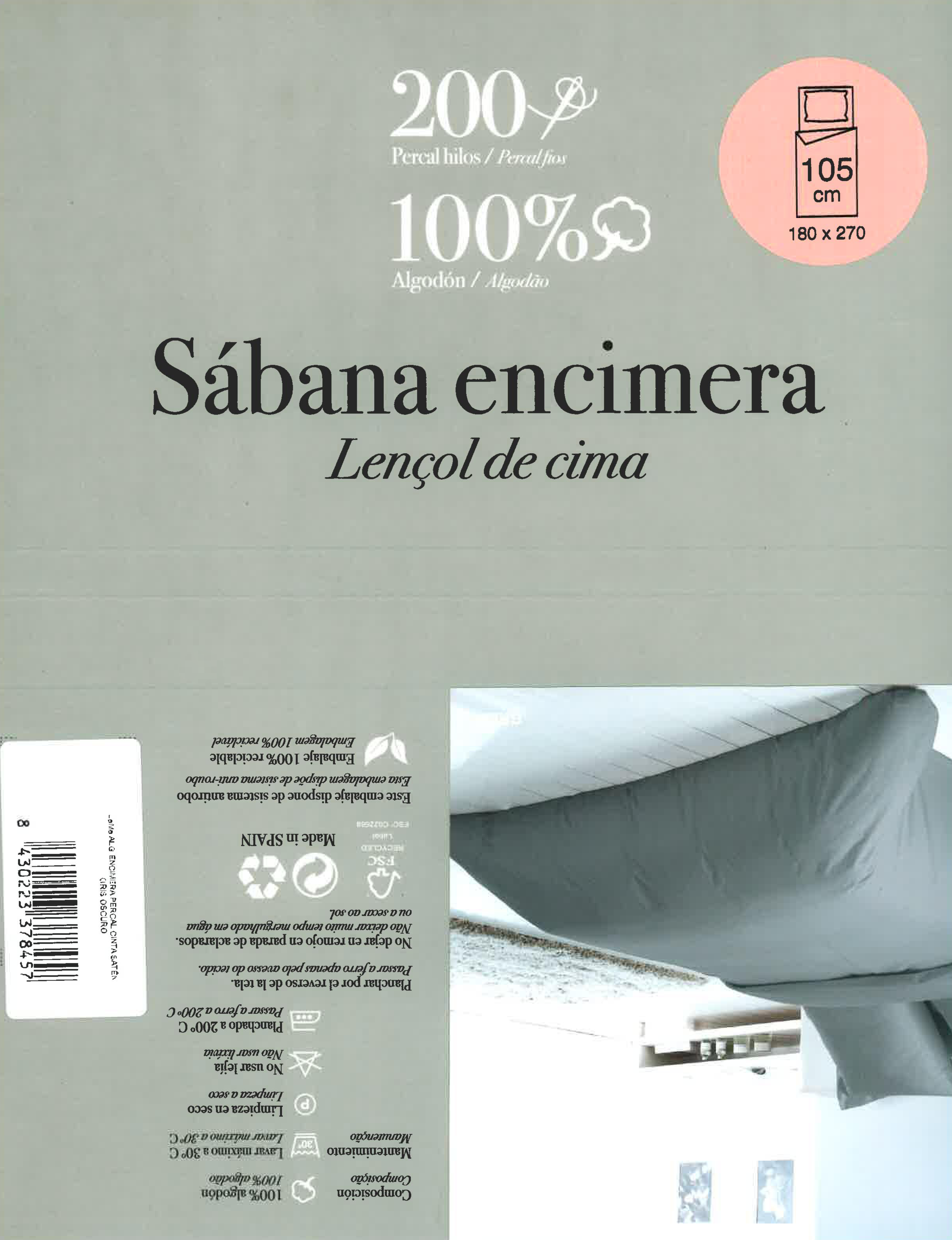 Sábana encimera Festón algodón percal 200 hilos gris 270x270 para cama de 105 cm - 4