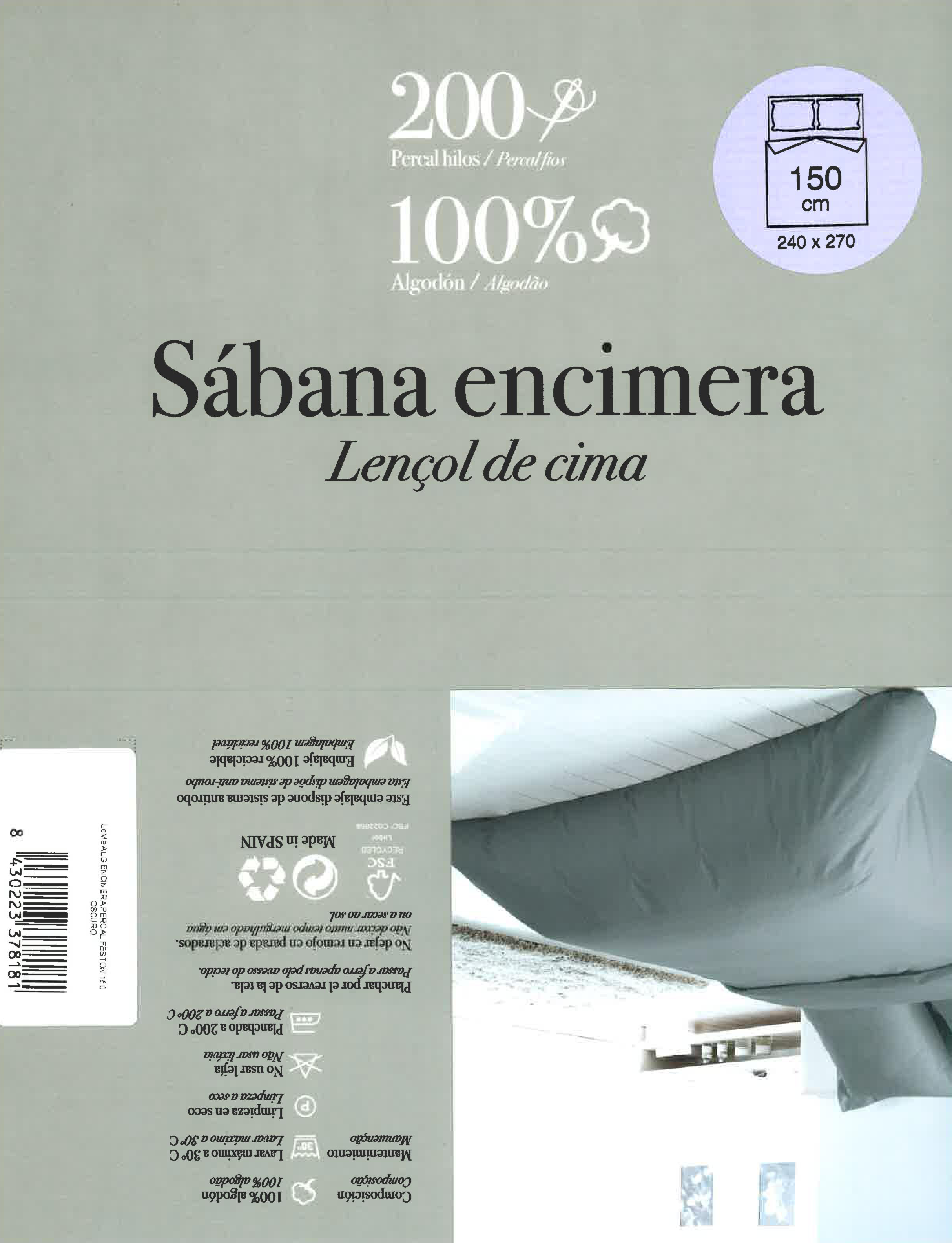 Sábana encimera de percal Festón gris para cama de 150 cm - 3