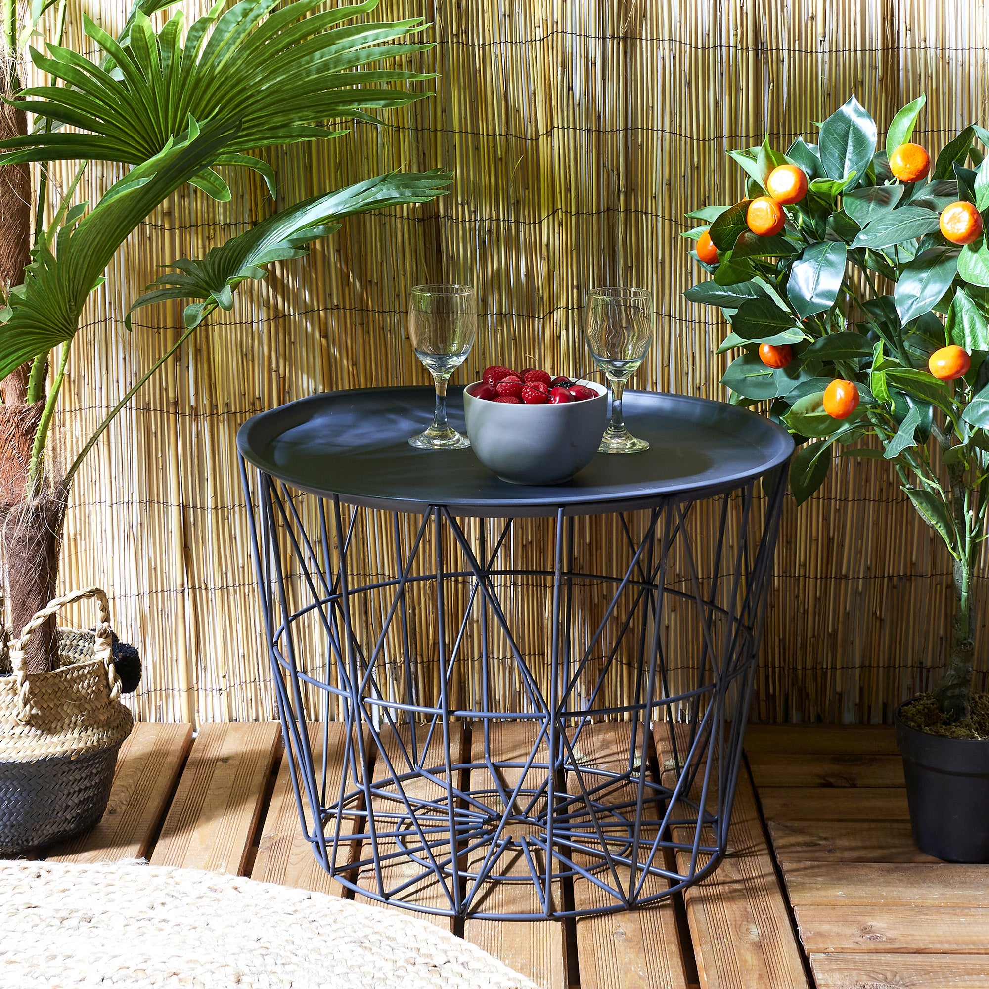 Mesa auxiliar redonda rejilla metal gris oscuro 52.5x40 cm (diámetro x alto)