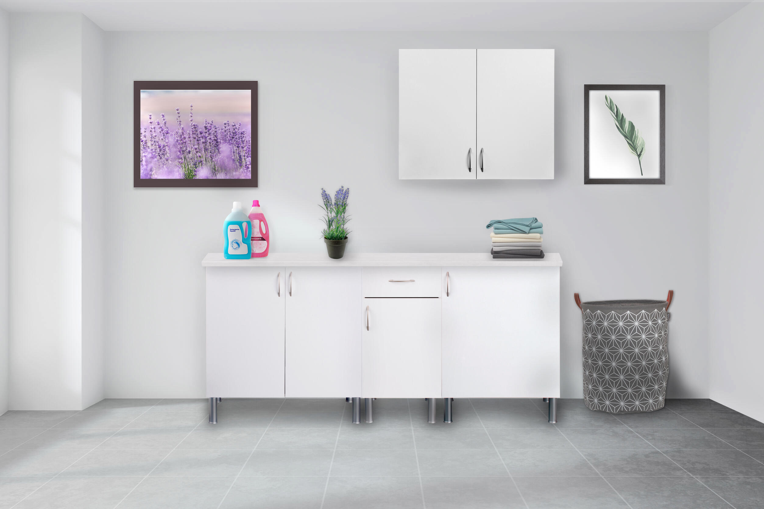 Mueble lavadero en kit basic new blanco 180cm con 1 mueble alto y 3 bajos