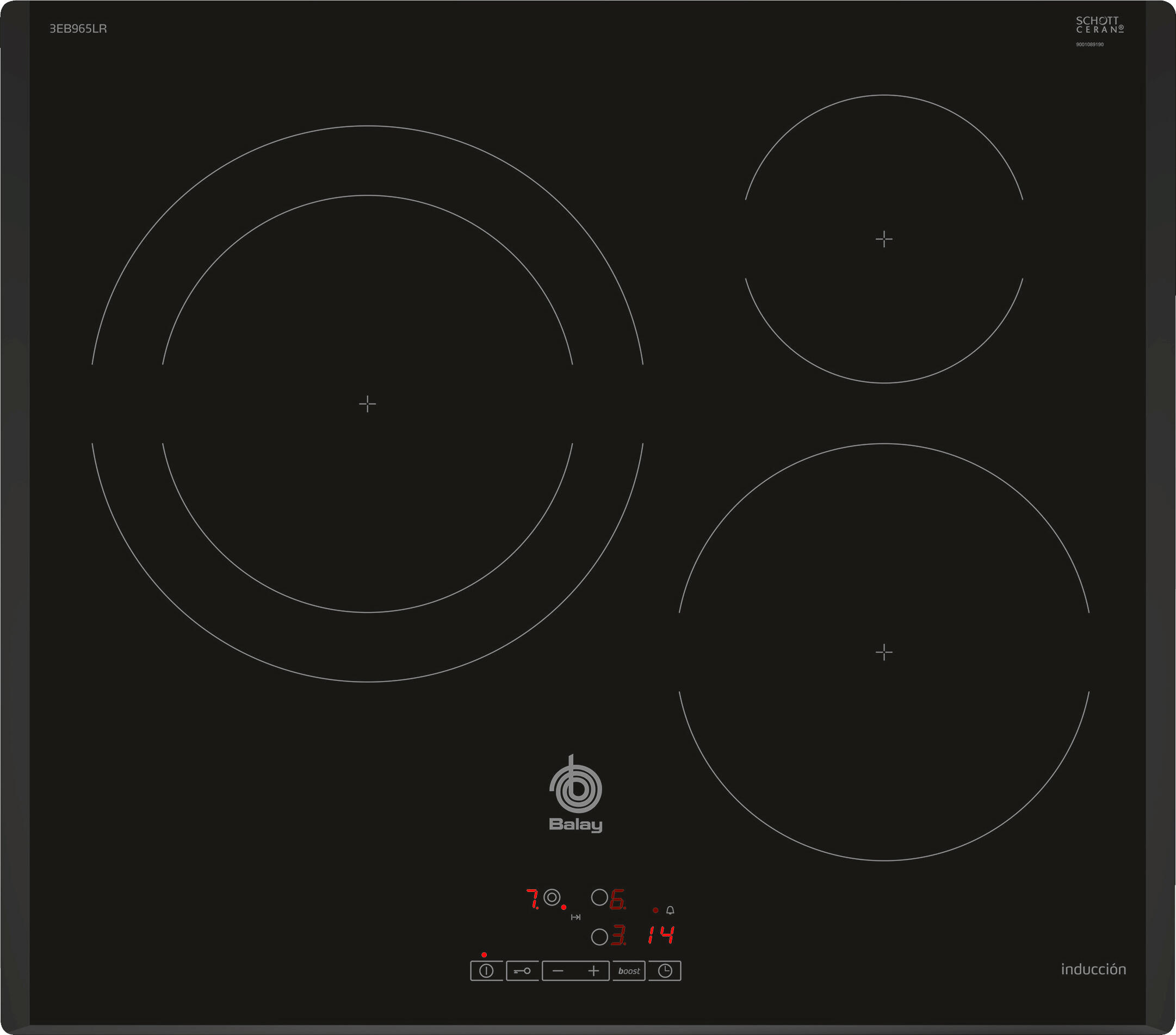 Placa de inducción balay 3eb965lr con 3 zonas de cocción zona grande de 28cm y zona flex 7400 w negro 60cm