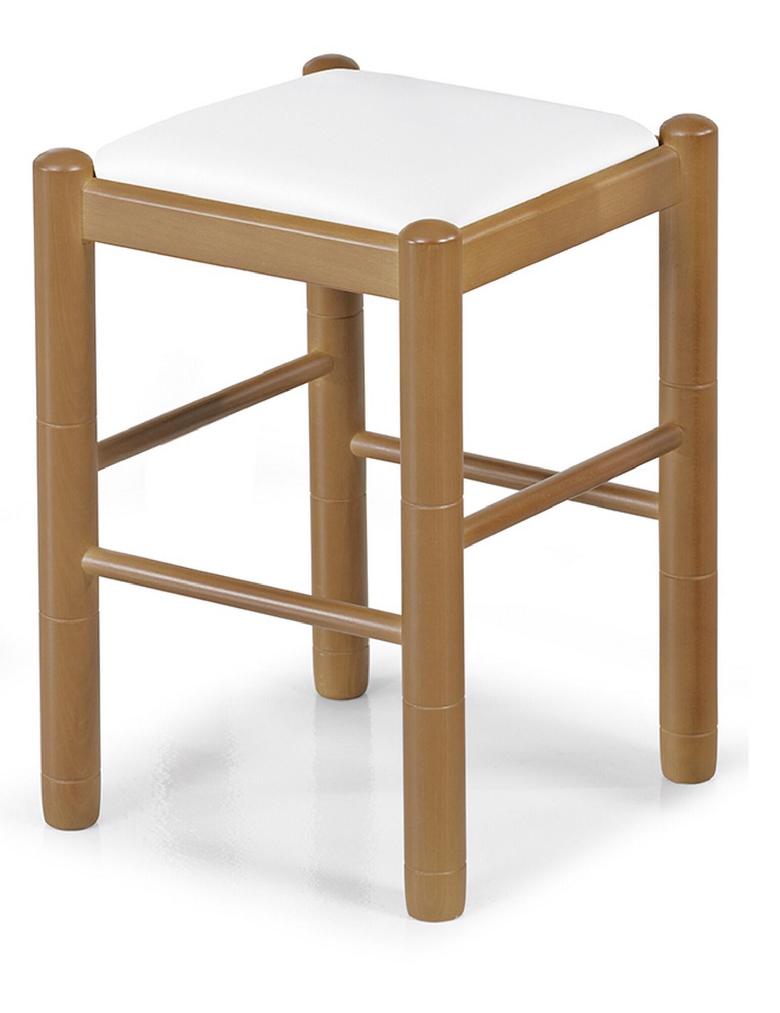 Taburete bajo de cocina monica barnizado cerezo asiento polipiel blanco