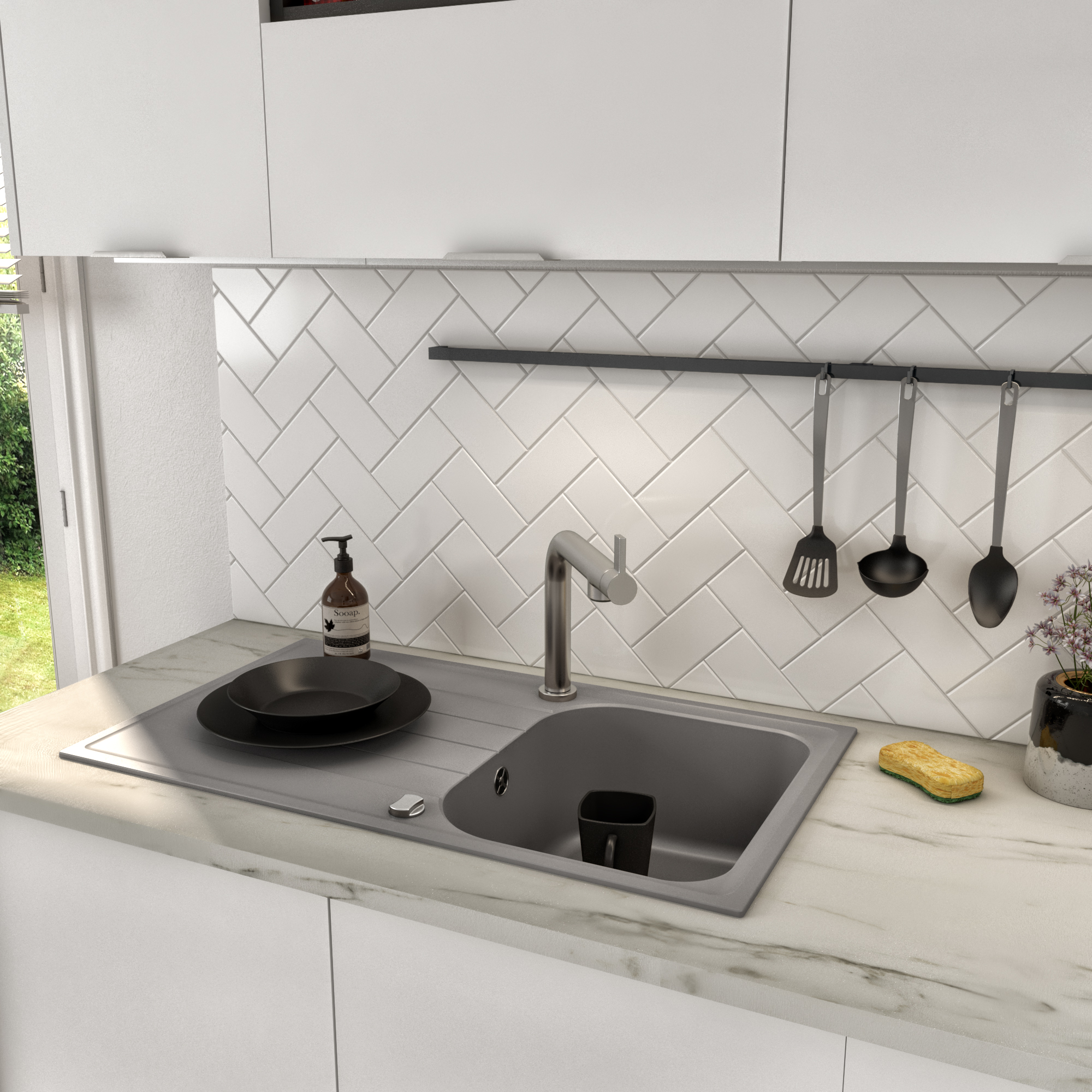 Evier en quartz et résine 1 bac 86 x 50 cm vidage inclus Elbe gris - 5