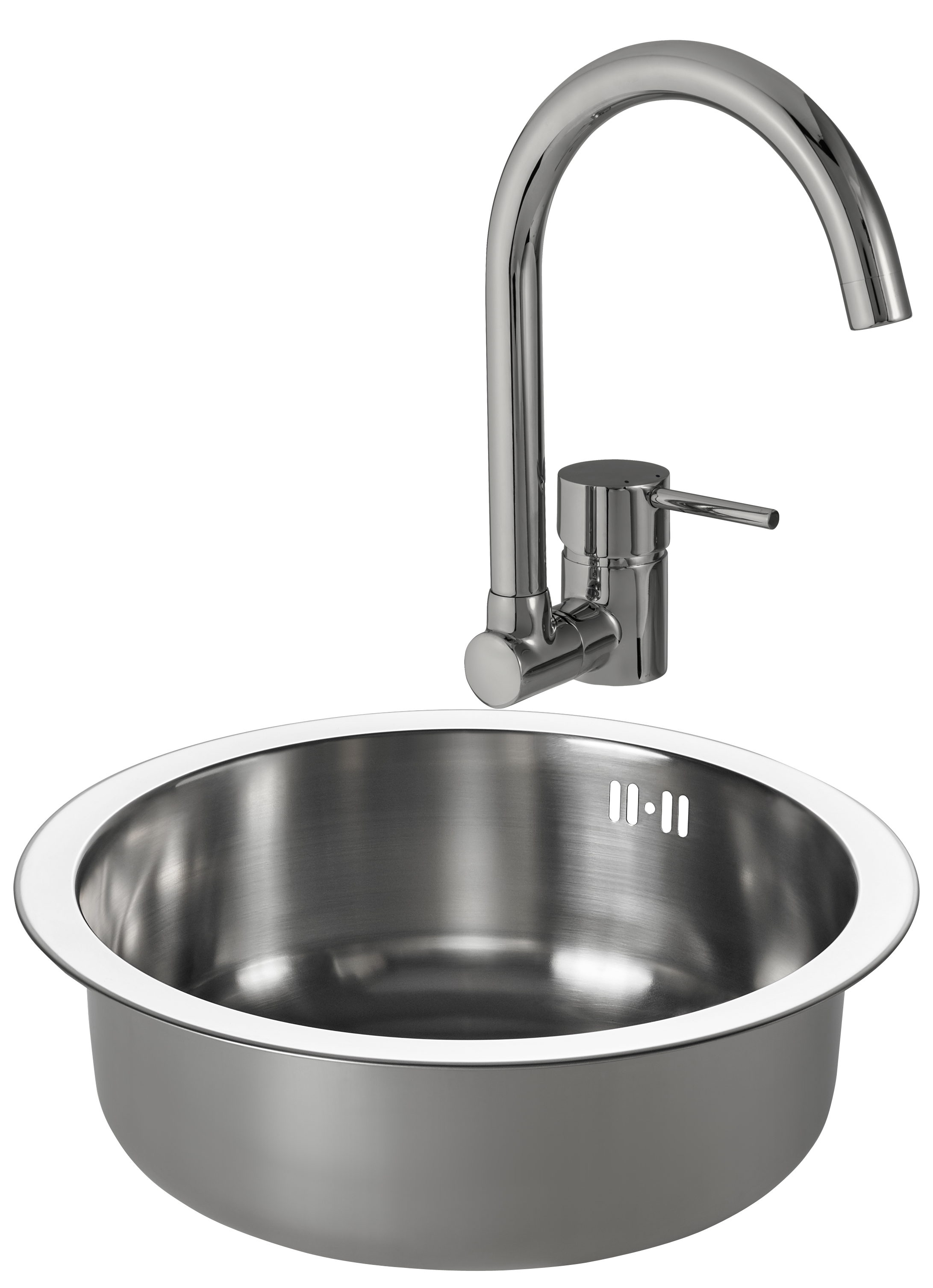 Conjunto fregadero isea redondo 45cm y grifo caño abatible delinia
