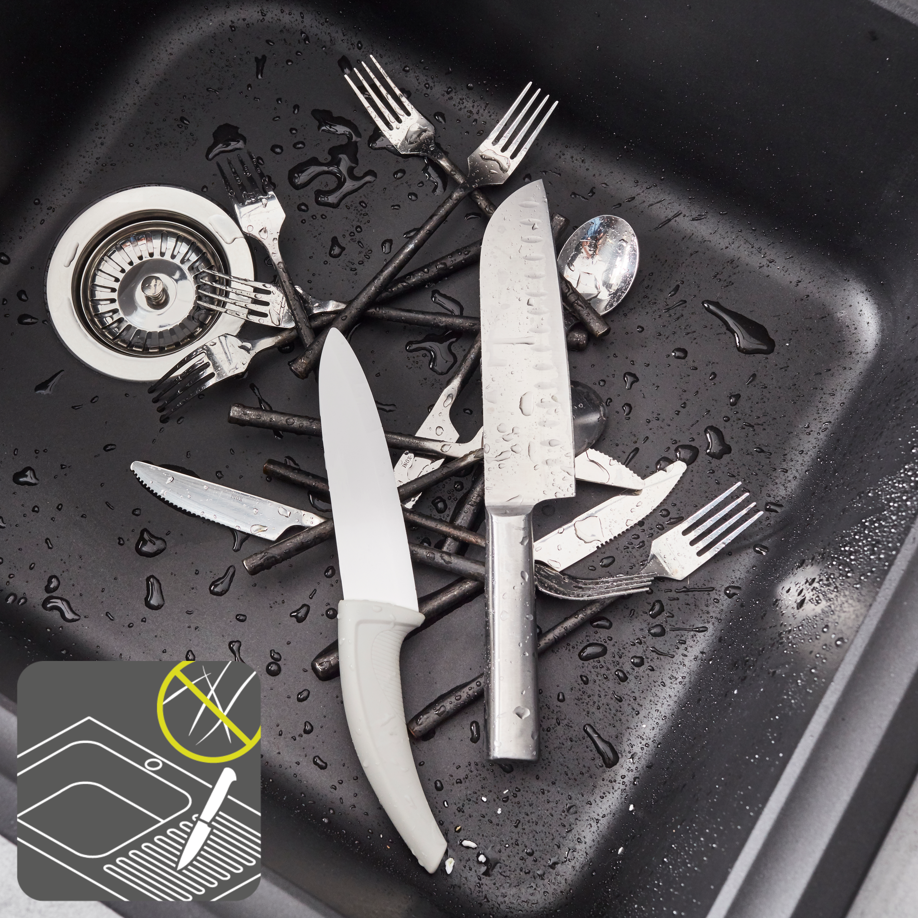 Evier à encastrer 1 bac avec égouttoir, Quartz et résine, ELBE Noir - 5