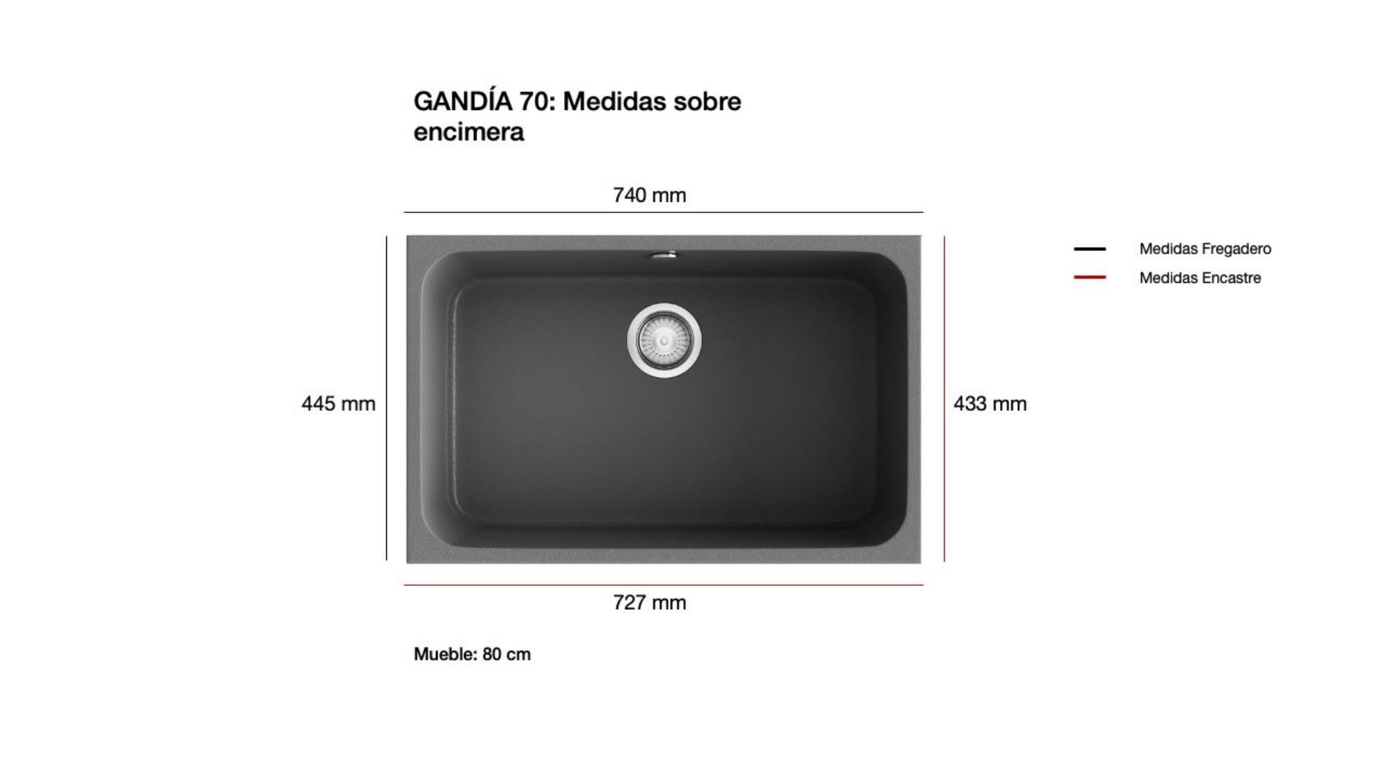 Fregadero cocina Poalgi Gandia bajo encimera 1 seno 74x44.5 cm resina blanco mueble a partir de 80 cm - 9