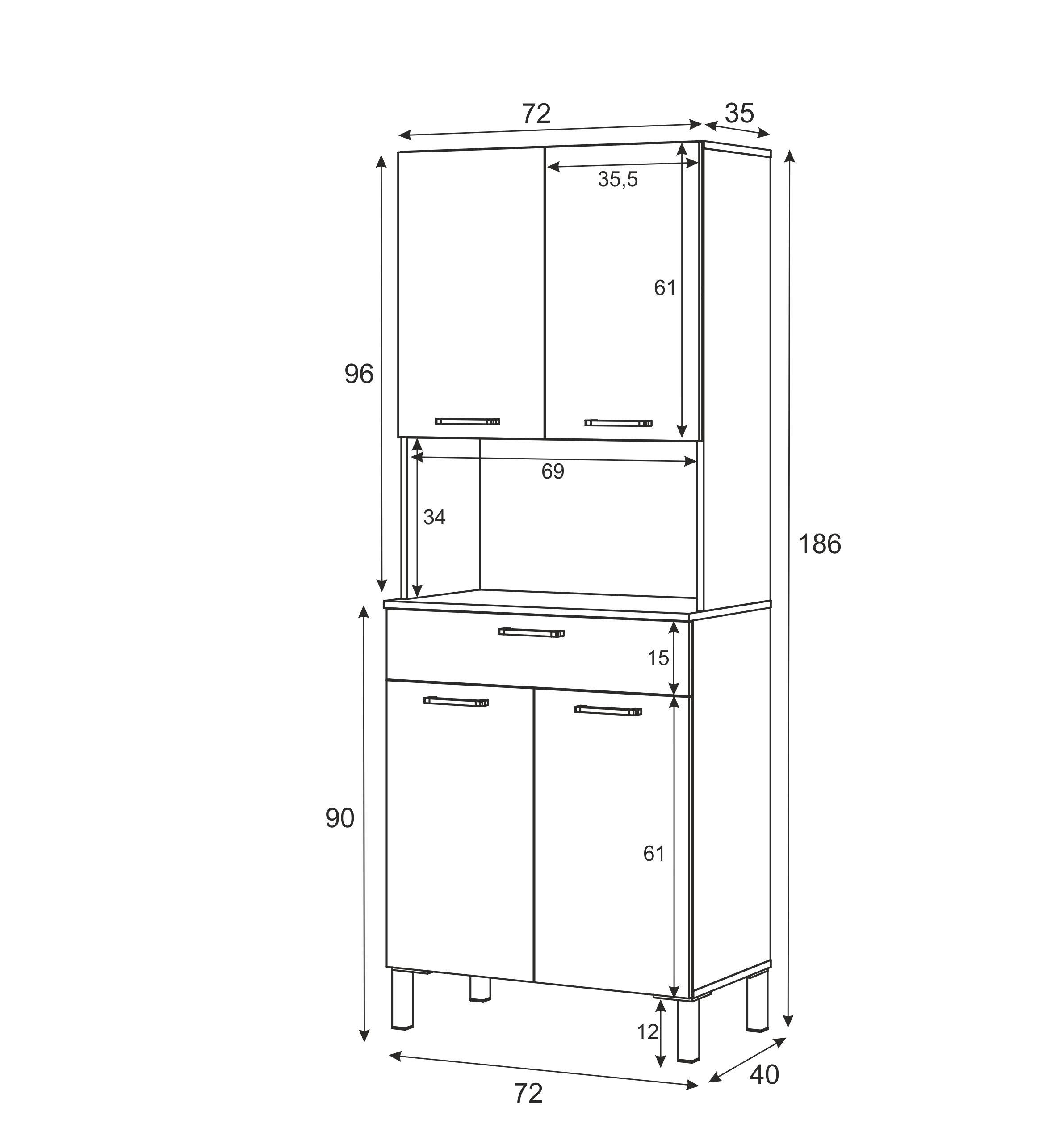 Alacena cocina alto KIRA blanco/roble 4 puertas + 1 cajón 186 x 72 x 40 cm - 2