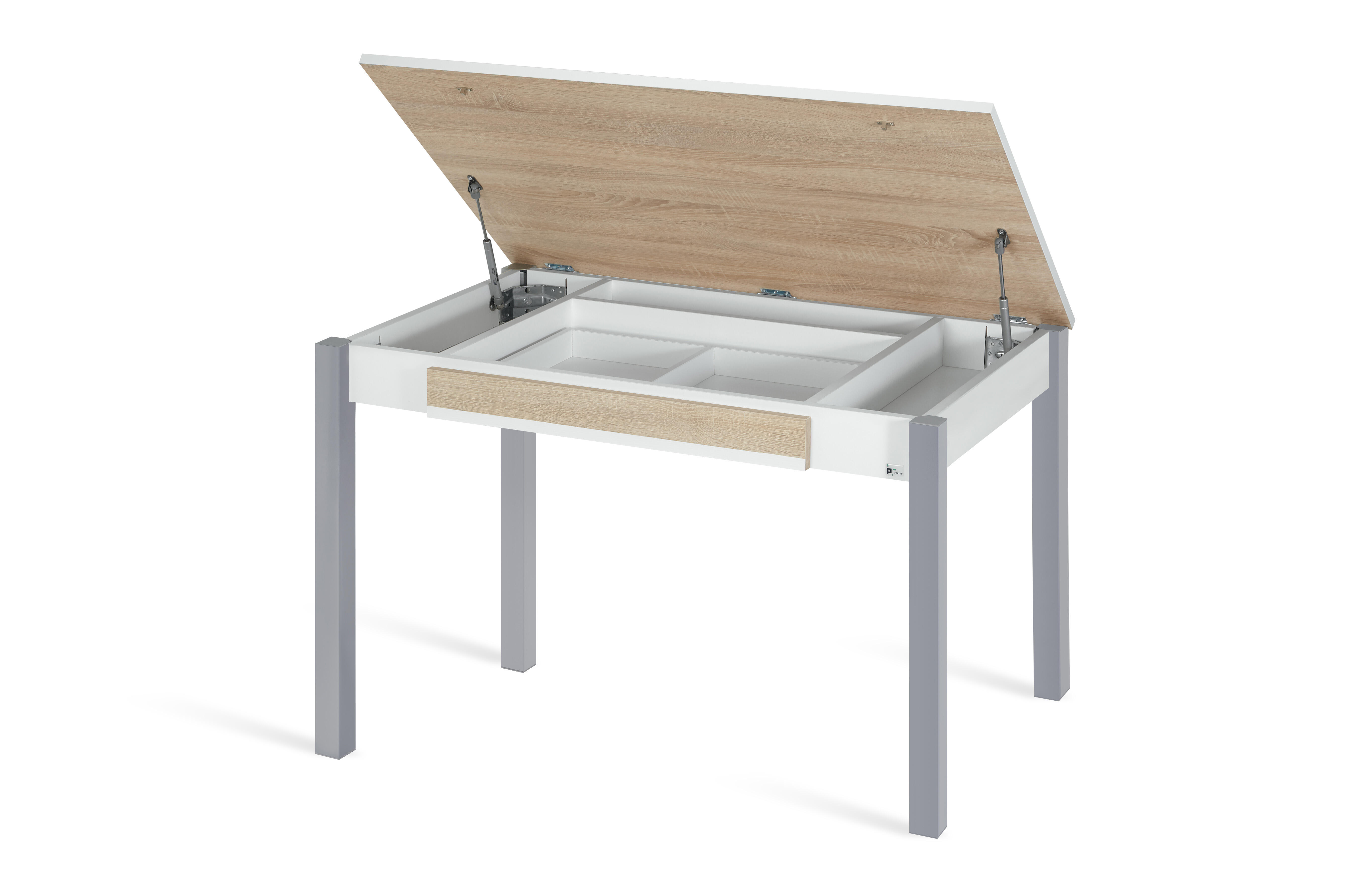 Mesa fija elevable 110x70 con acabado natural y blanco
