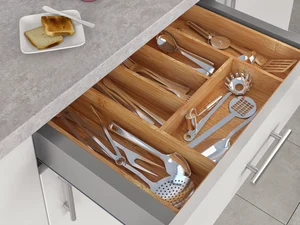 Cubertero, organizador de cubiertos de bambú extensible 5 a 7  compartimentos, 46 x 43 x 5 cm. Bandeja, porta utensilios de madera para  cajón cocina