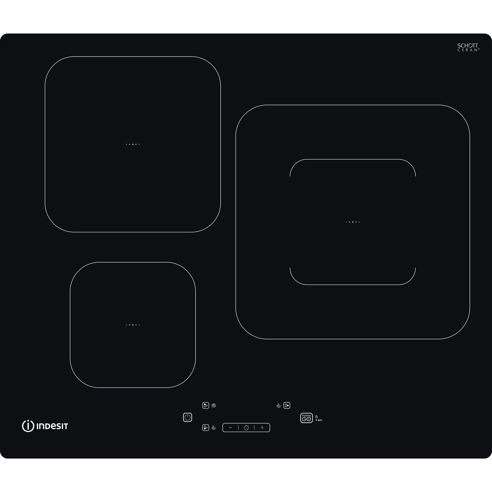 Placa de inducción indesit is 33q60 ne con 3 zonas de cocción zona grande de 27cm 7200 w