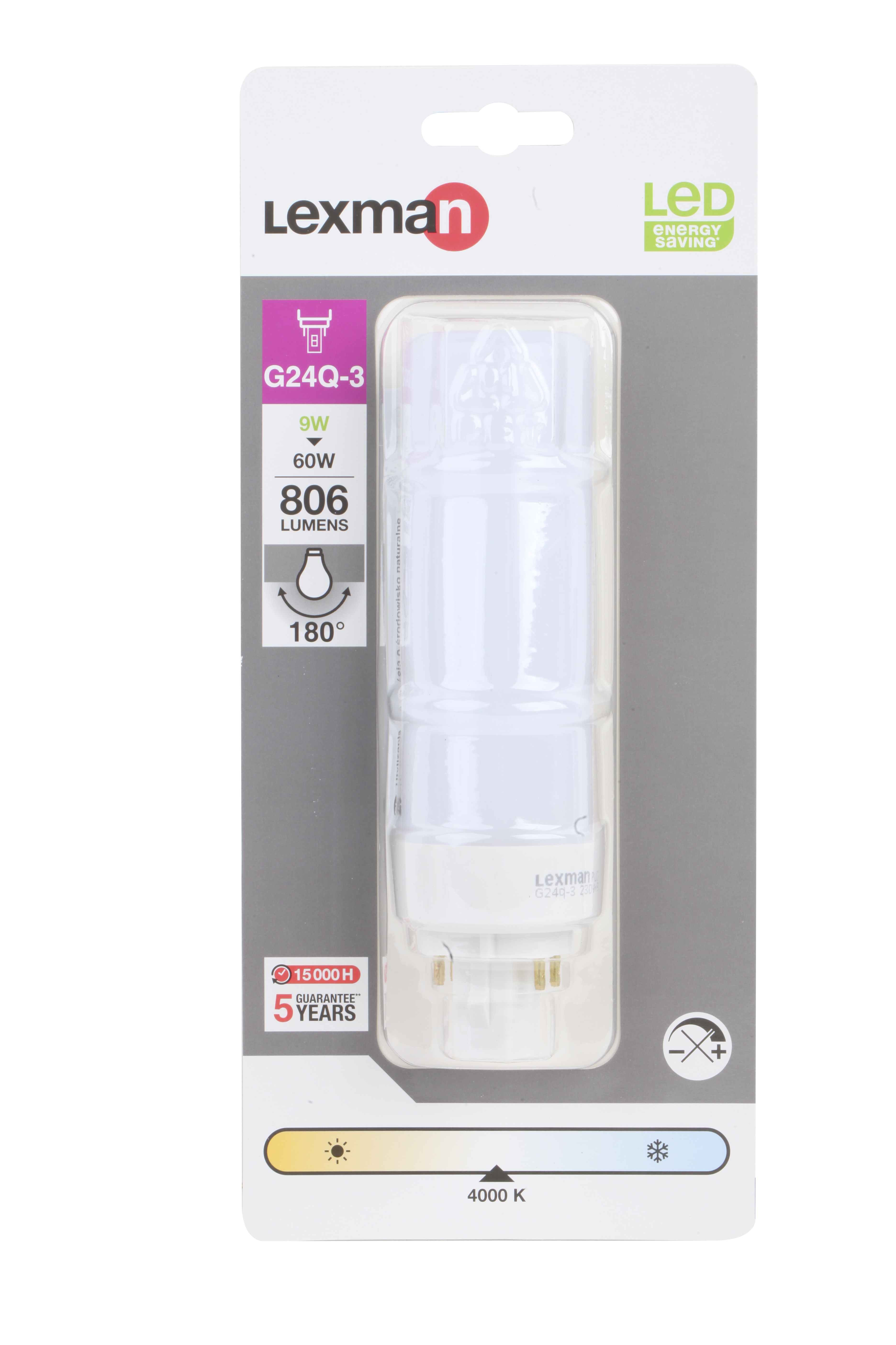 Lampadina LED, G24Q3 tubo, smerigliato, luce naturale, 9W= 806 LM (equiv 60 W), 180°, LEXMAN - 4