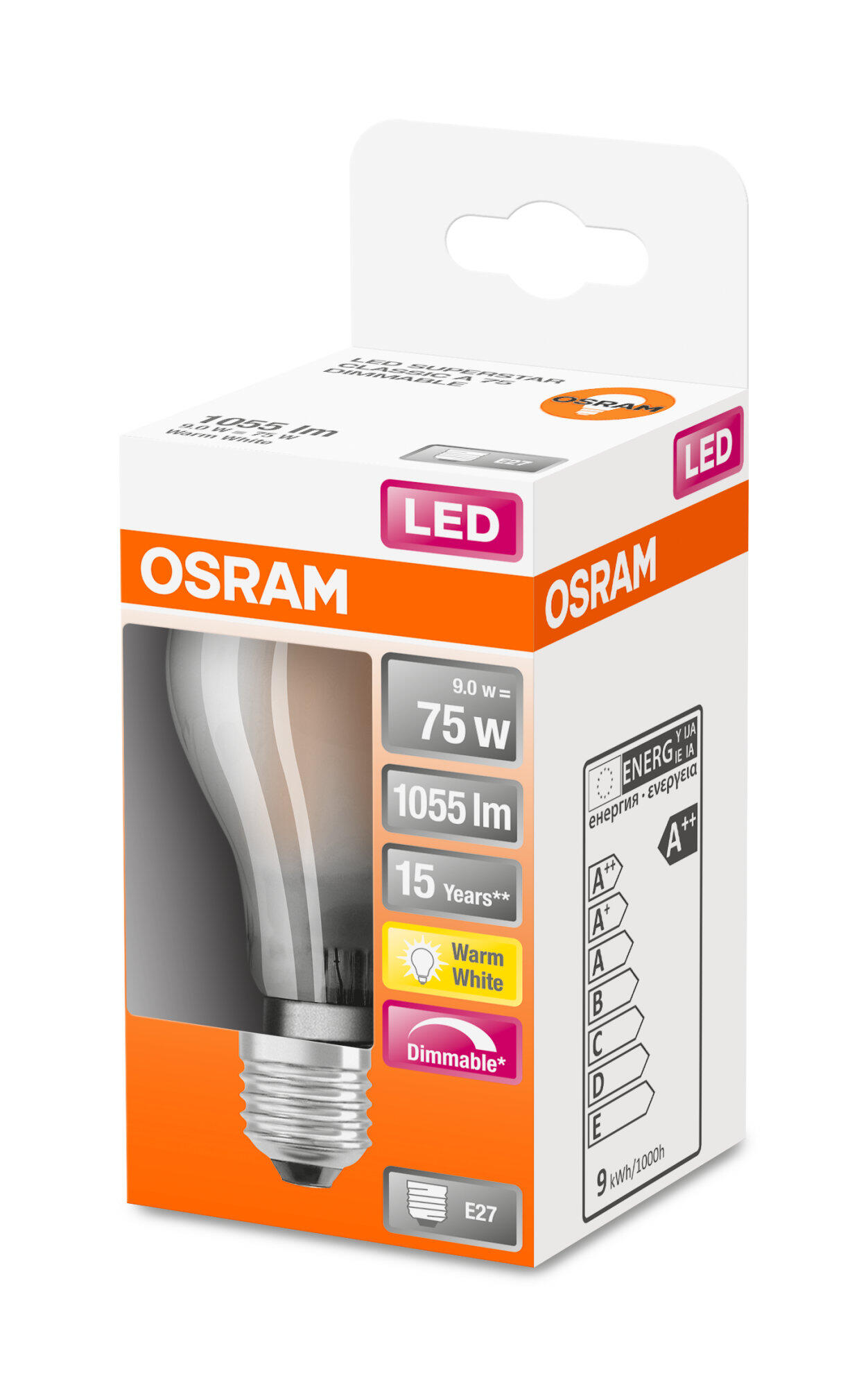 Lampadina LED, E27 goccia, opaco, luce calda, 7.5W = 1055 LM (equiv 75 W), 300° dimmerabile, OSRAM - 2