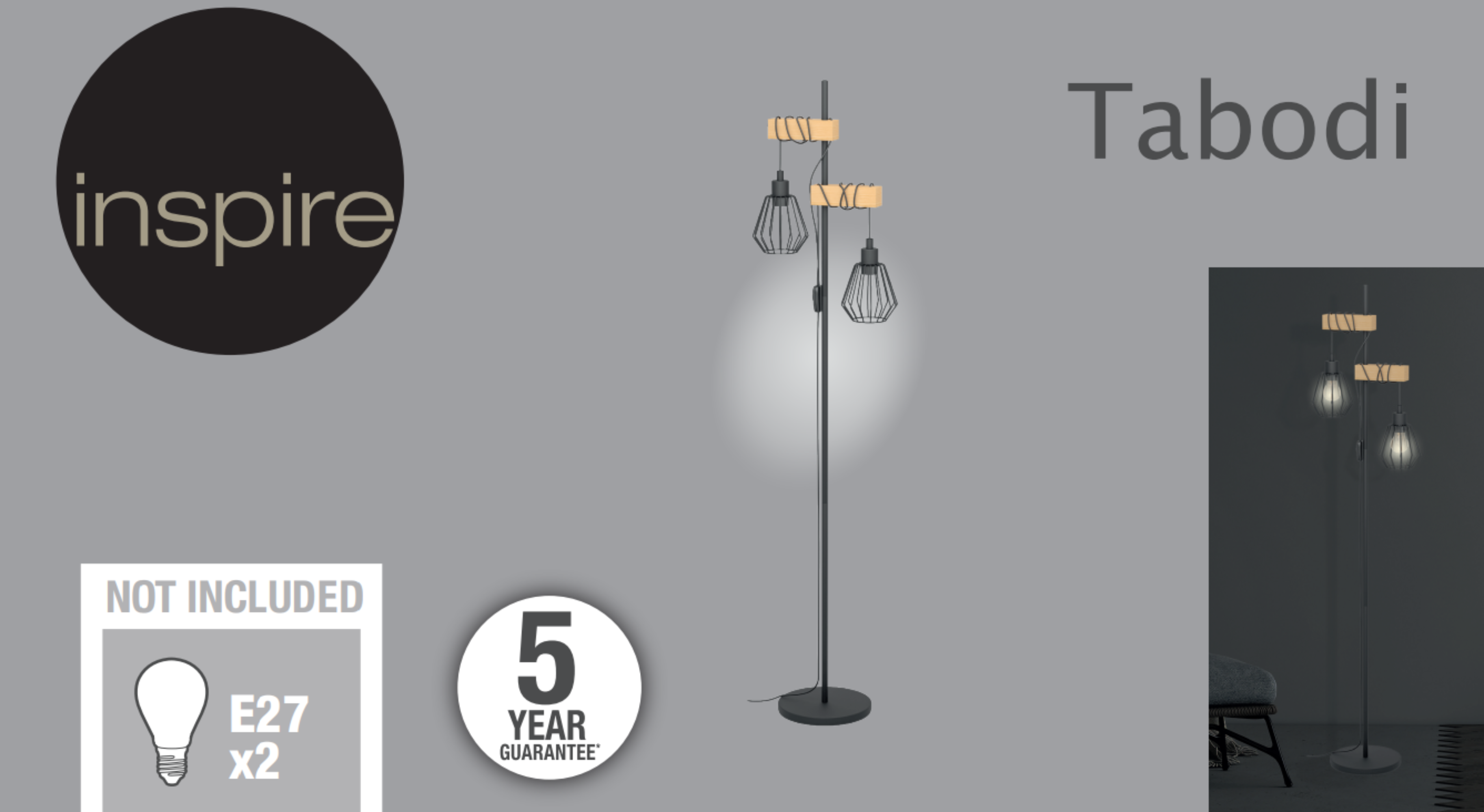 Candeeiro de pé INSPIRE TABODI 2 LUZES E27 METAL MADEIRAEIRA PRETO - 14