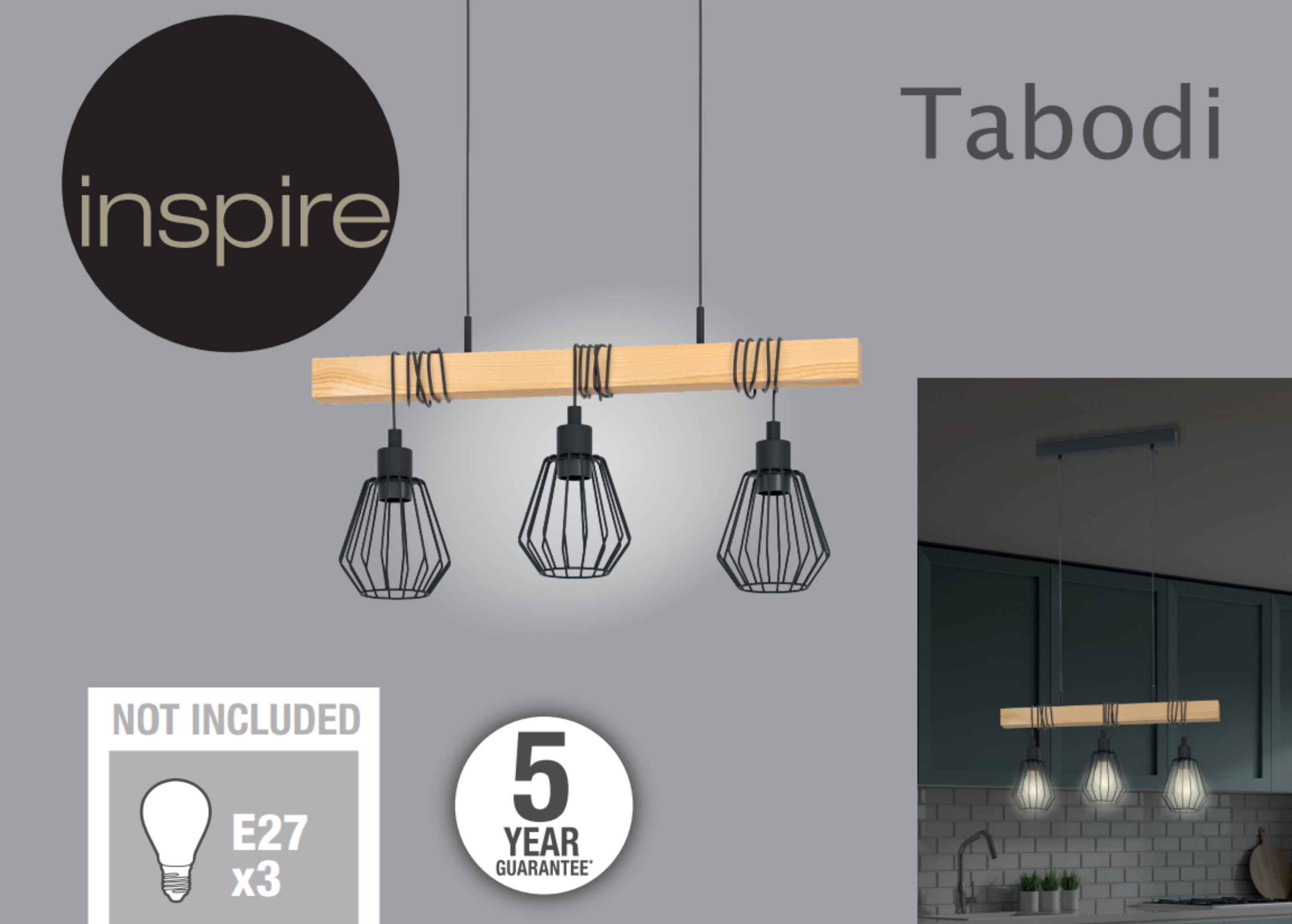 Candeeiro de teto suspenso INSPIRE TABODI E27 3 LUZES METAL/MADEIRA PRETO - 14