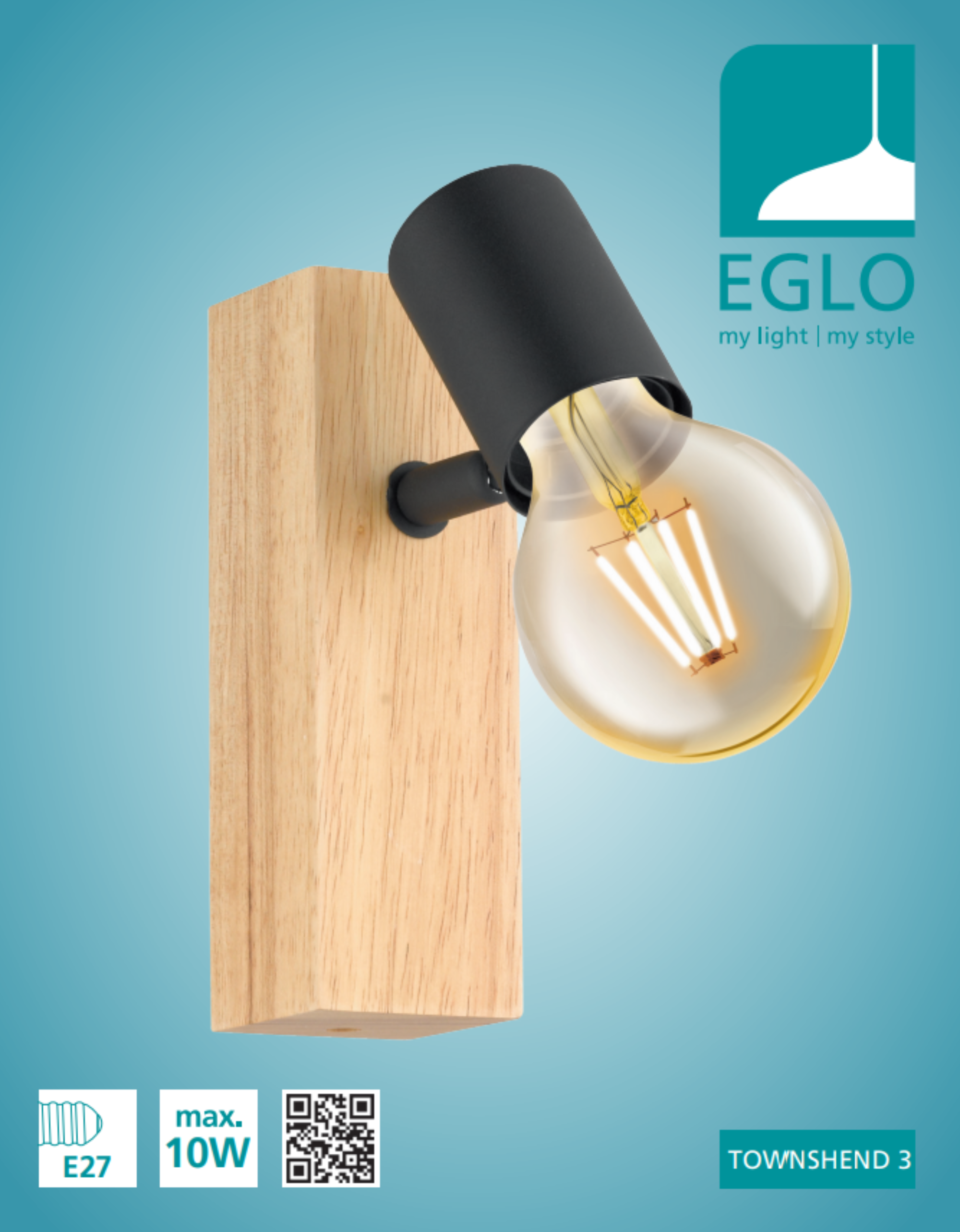 Faretto decorativo senza fonte luminosa TOWNSHEND NERO in legno marrone E27 10W EGLO 1 luci - 15