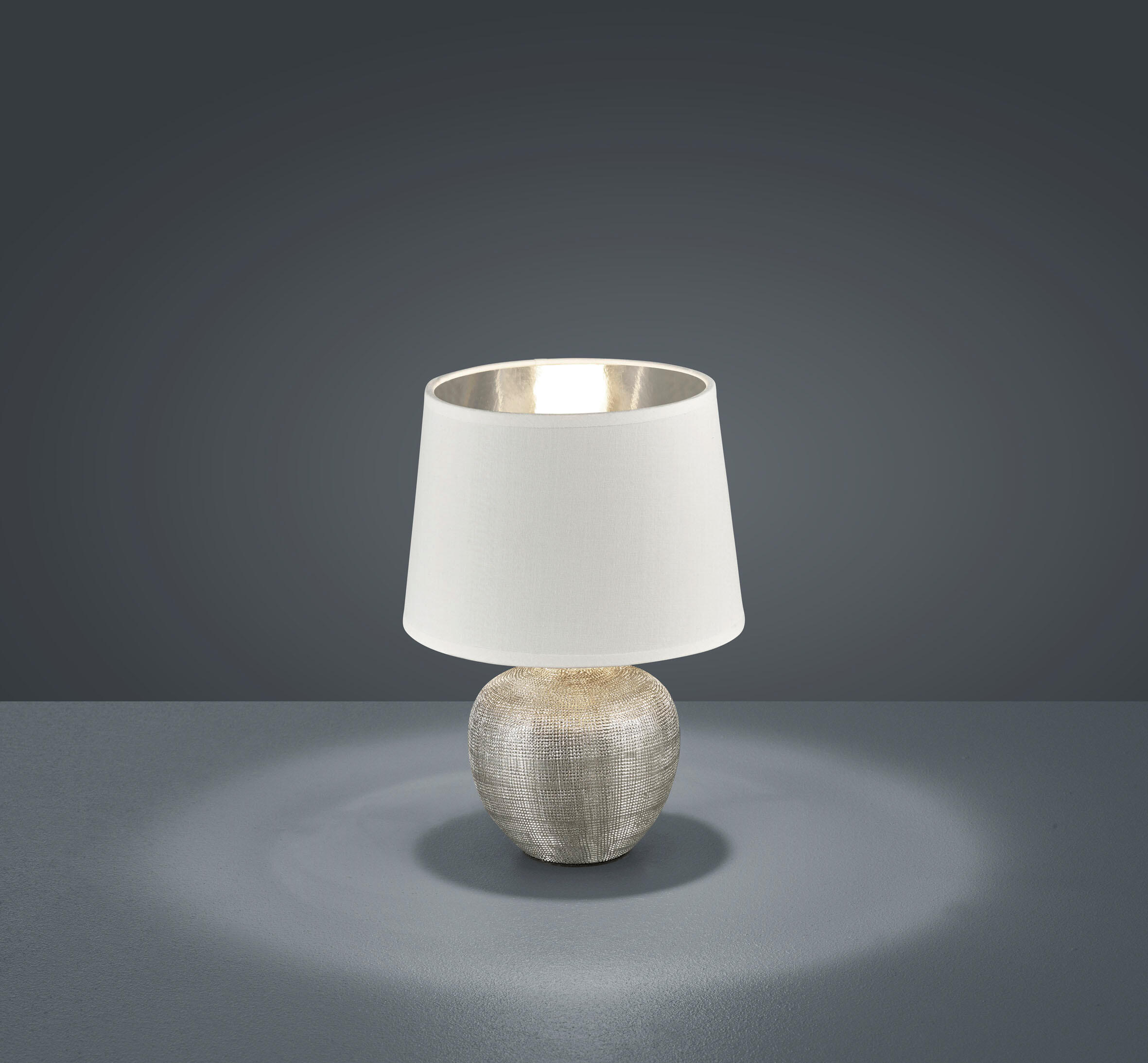 Lámpara de mesa compatible con casquillo e14 luxor reality con estructura cerámica gris pantalla blanca de algodón alimentación a red