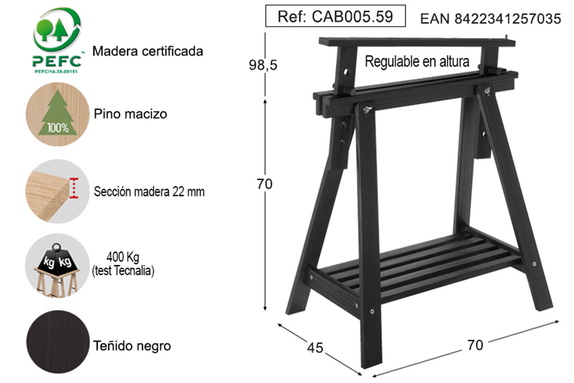 Cavalete regulável pinho preto 98,5-70x70x45 cm Astigarraga Archi Tec - 2