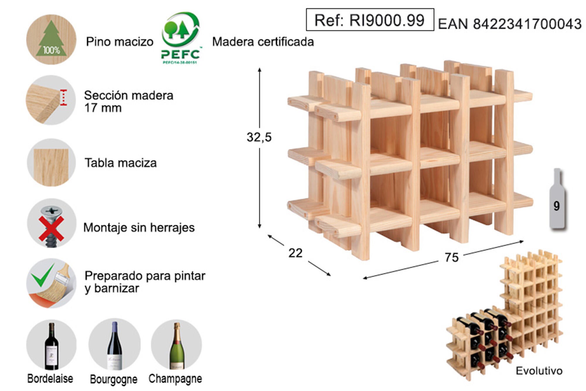Botellero de madera para  botellas de 43x32.5x22 cm - 2
