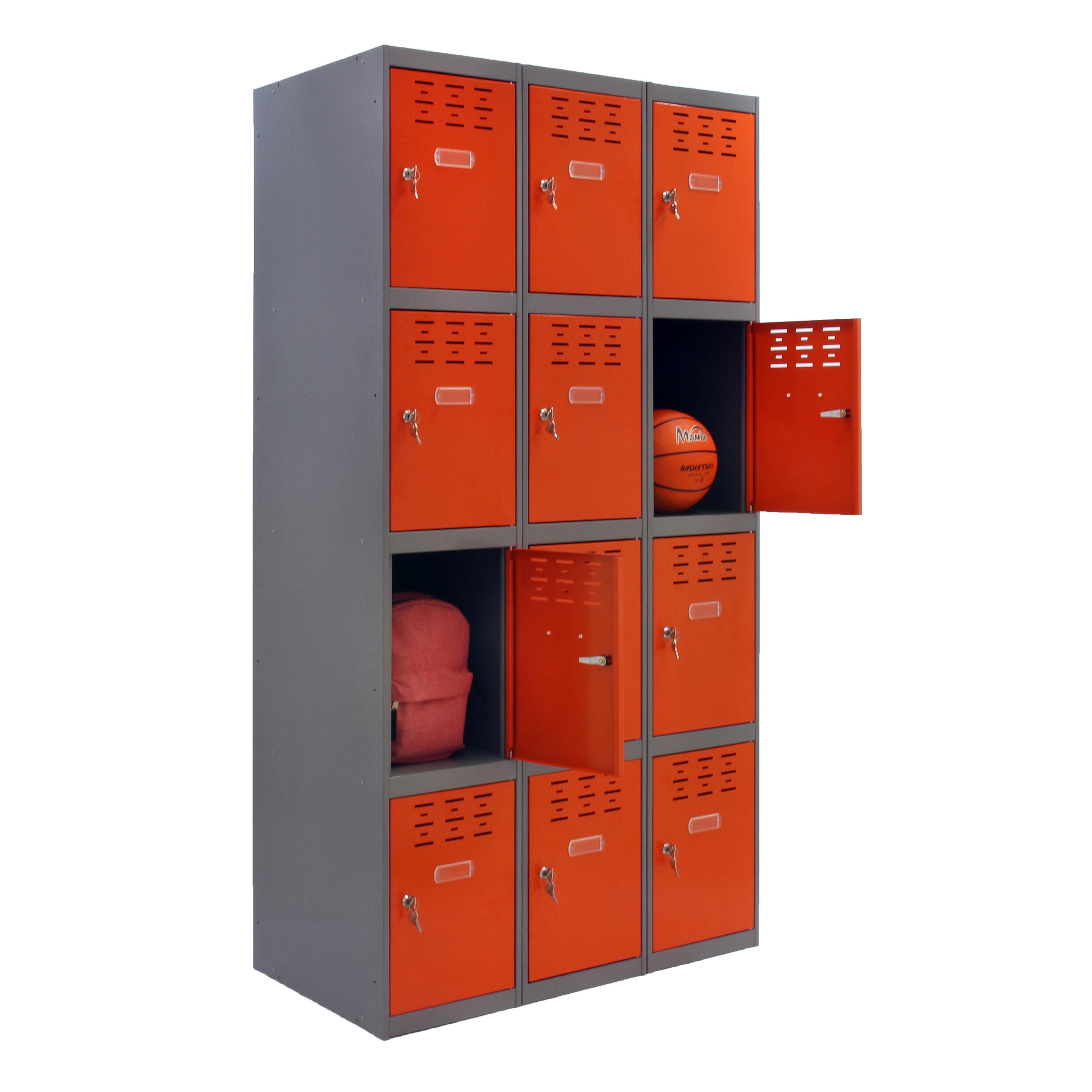 Casillero de acero 4x3, 180x120x50 cm montado color gris/naranja 12 puertas