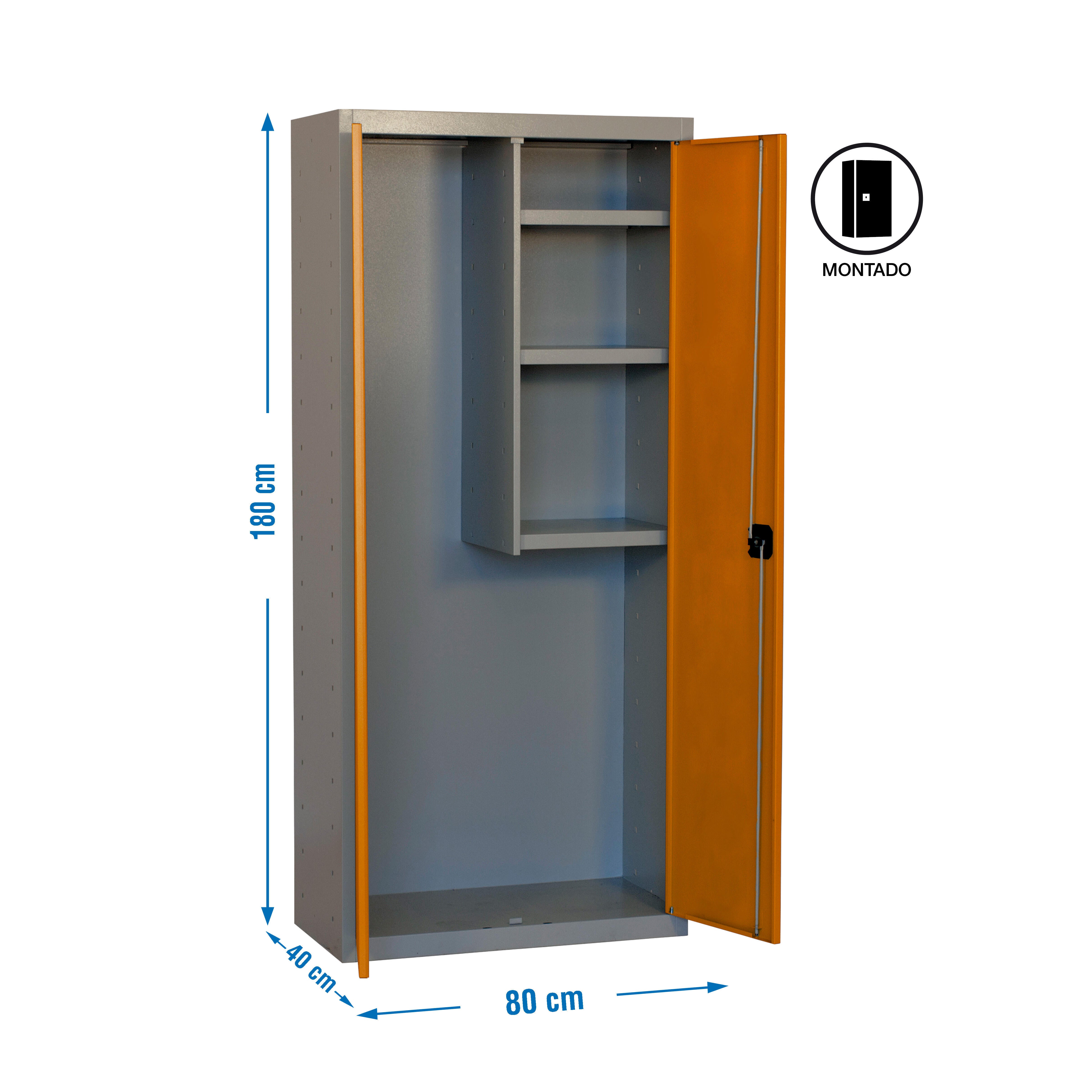 Armario escobero de acero 80x180x40 cm montado color gris/naranja 2 puertas