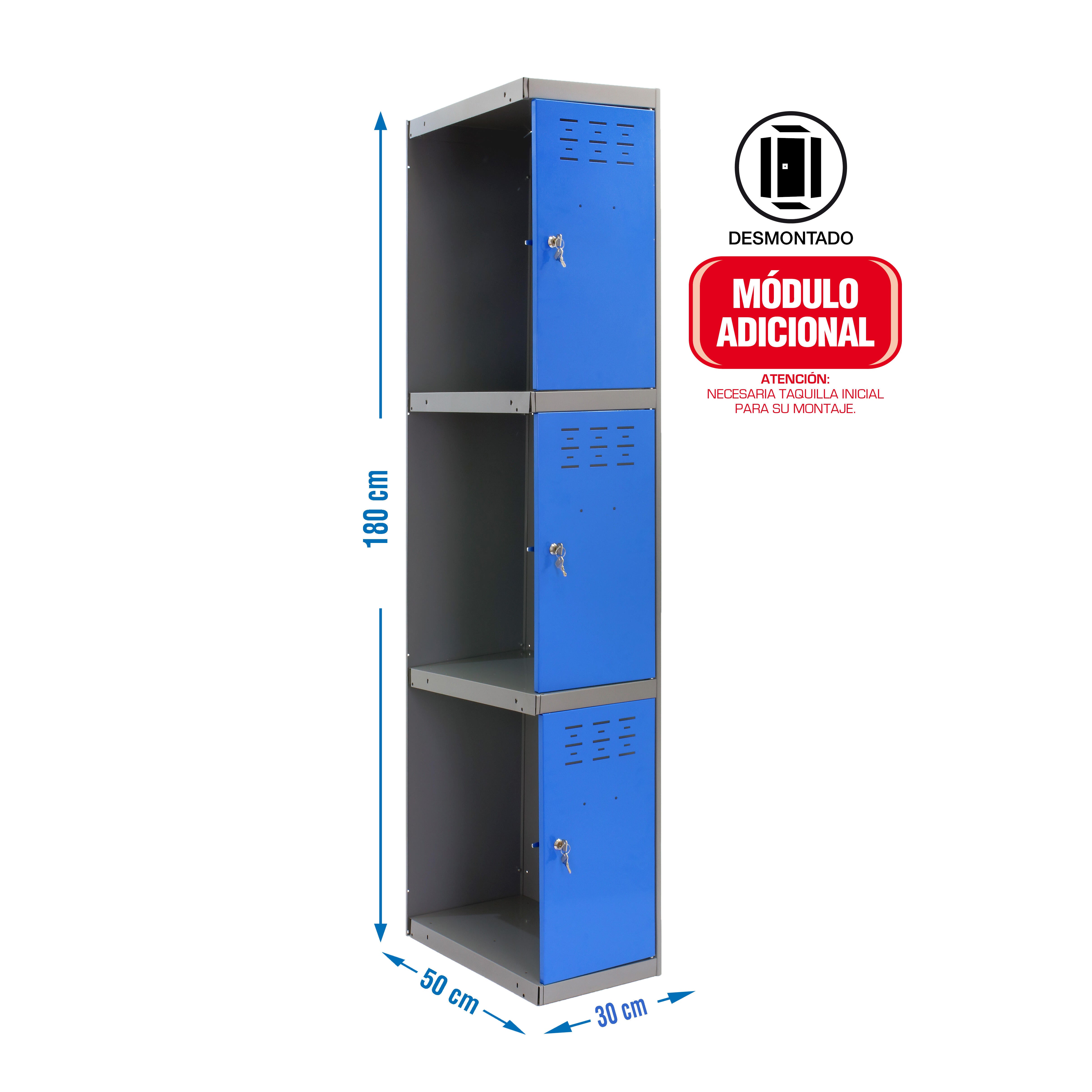 Casillero adicional de acero 30x180x50 cm desmontado color gris/azul 3 puertas
