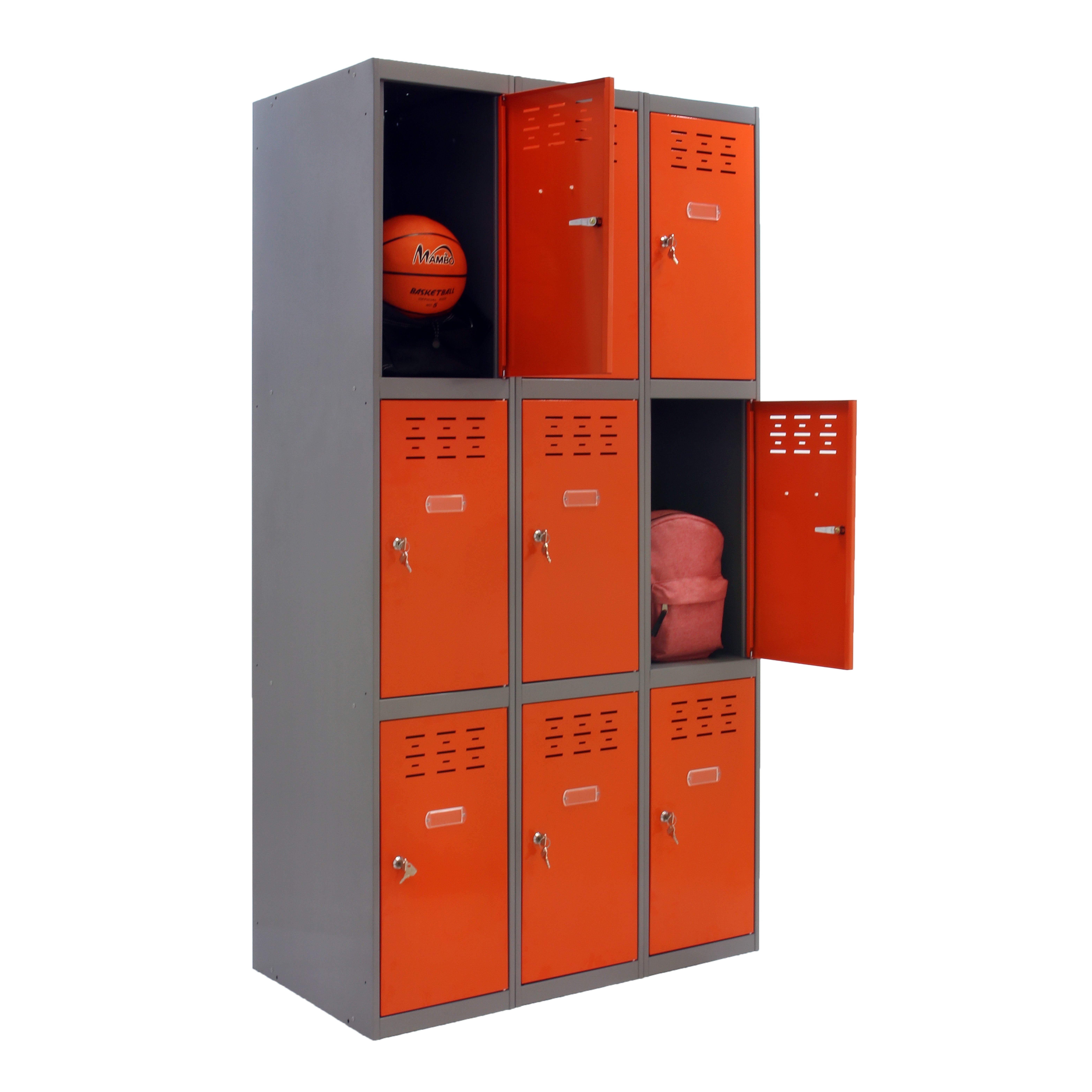 Casillero de acero 3x3, 180x120x50 cm montado color gris/naranja 9 puertas