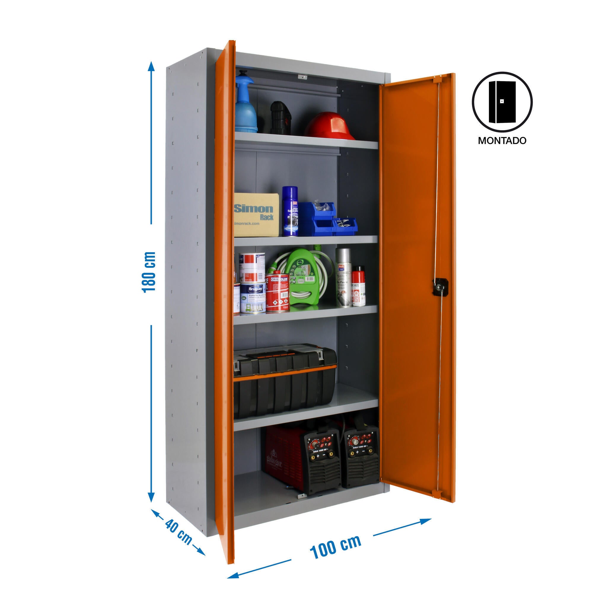 Armario alto baldas de acero 100x180x40 cm montado color gris/naranja 2 puertas