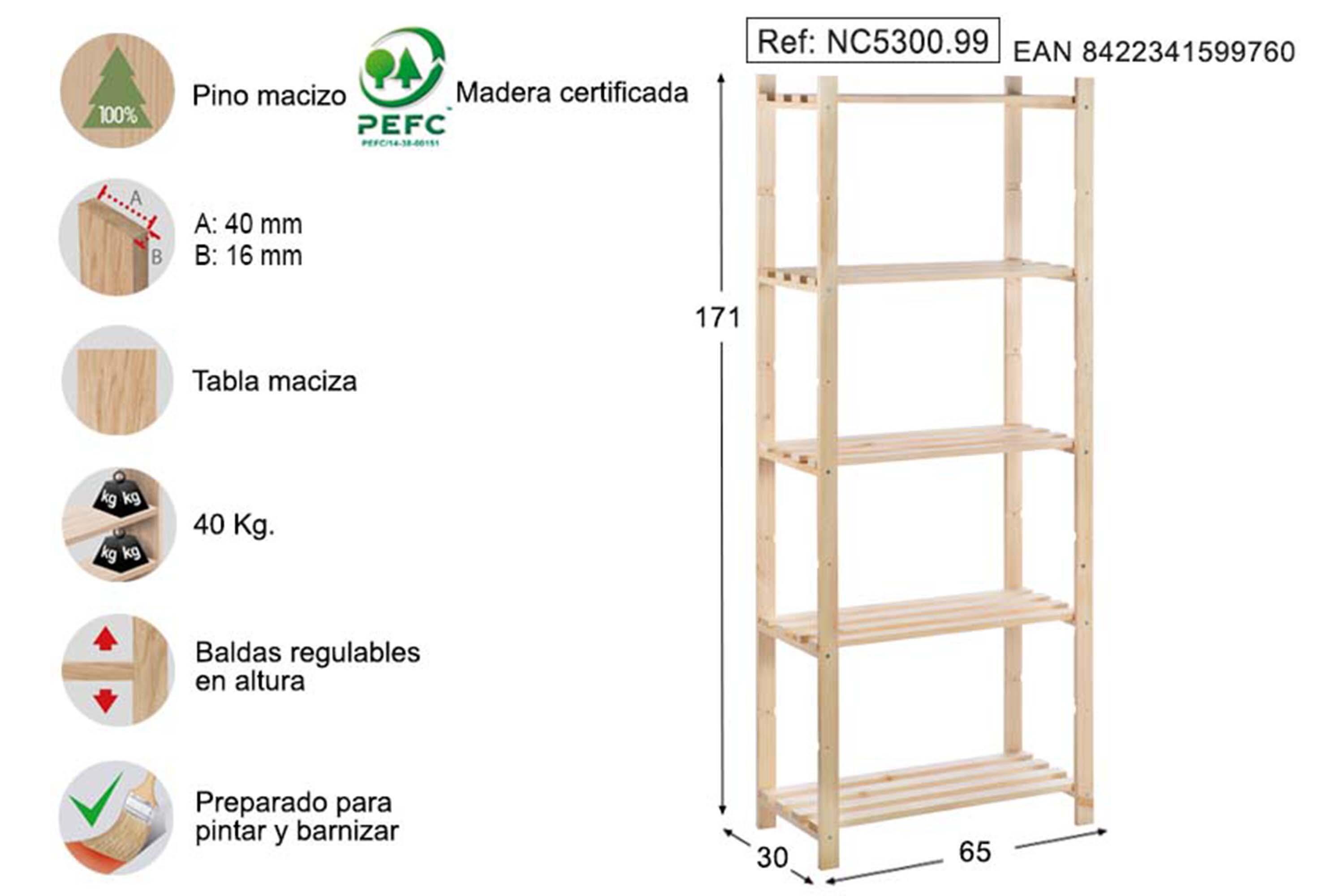 Estantería alistonada pino Natura 5 baldas 171X65x30cm 200 Kg - 2